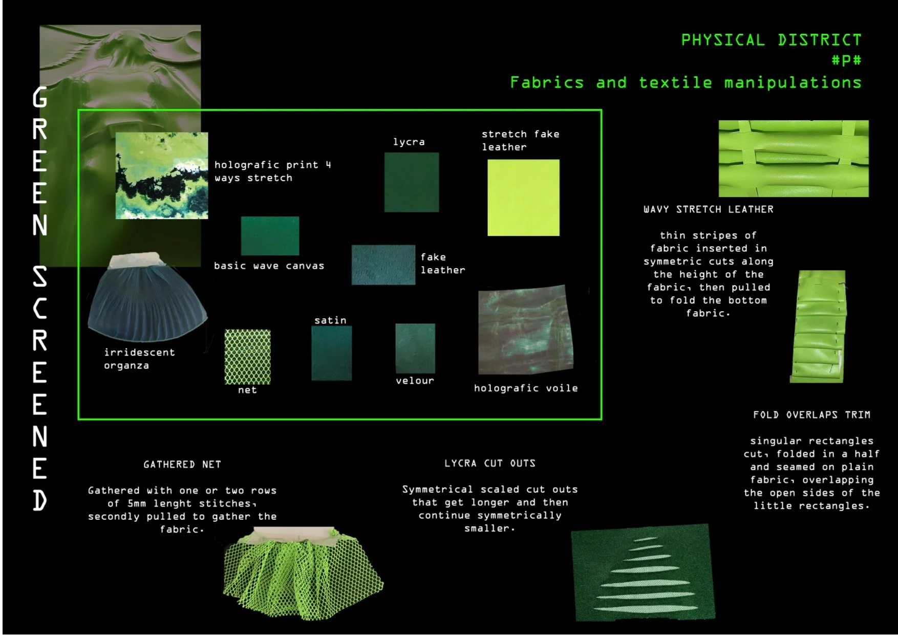 A detailed collage of fabric and textile manipulation techniques, including examples of holographic prints, basic wave canvas, iridescent organza, net, lycra, stretch fake leather, fake leather, velvet, holographic voile, and wave stretch leather. Th