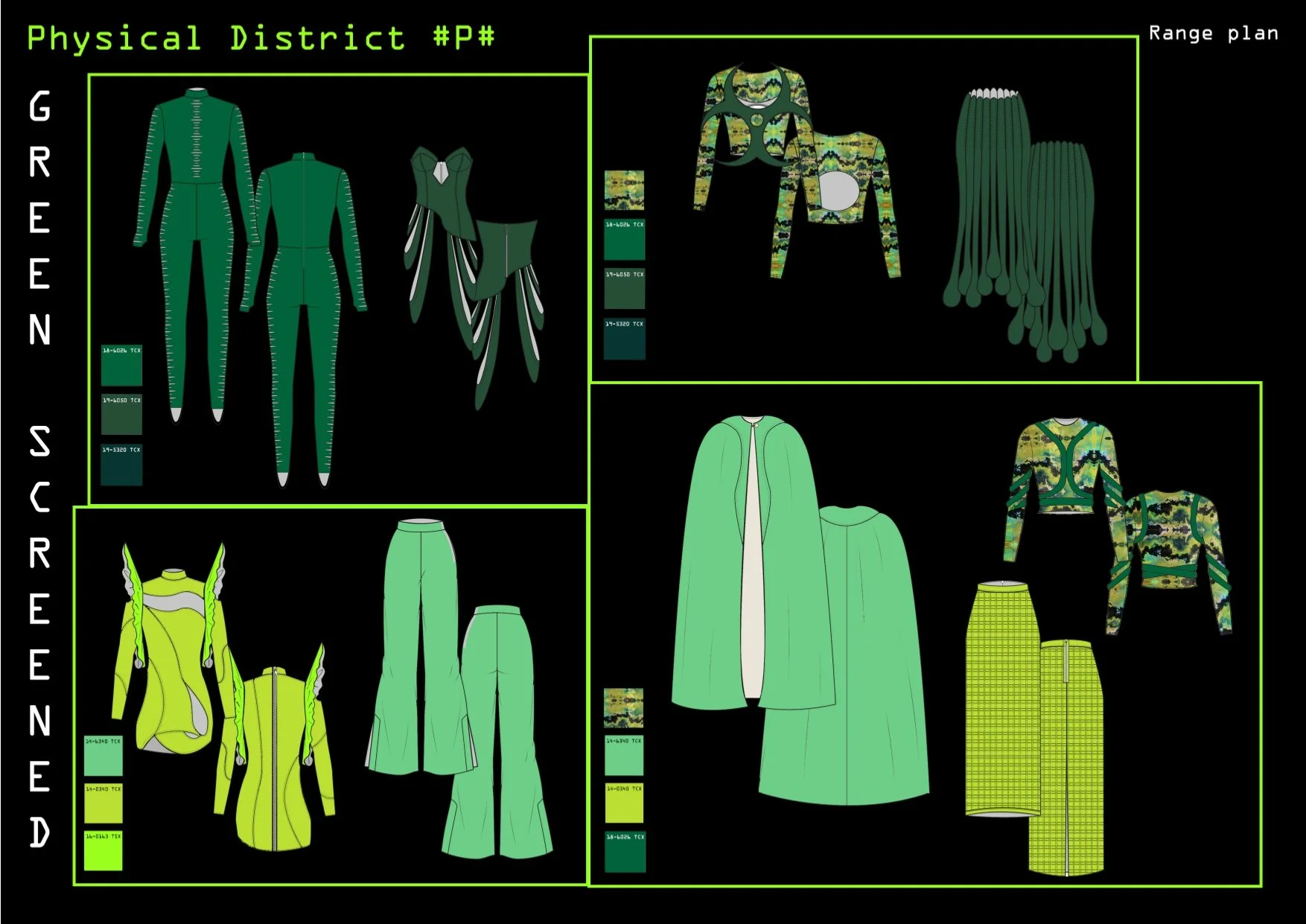 A digital color palette and clothing design plan titled 'Physical District P#,' showcasing various sportswear and outerwear in shades of green, black, and yellow. The designs include jumpsuits, jackets, skirts, and accessories with scientific and fut