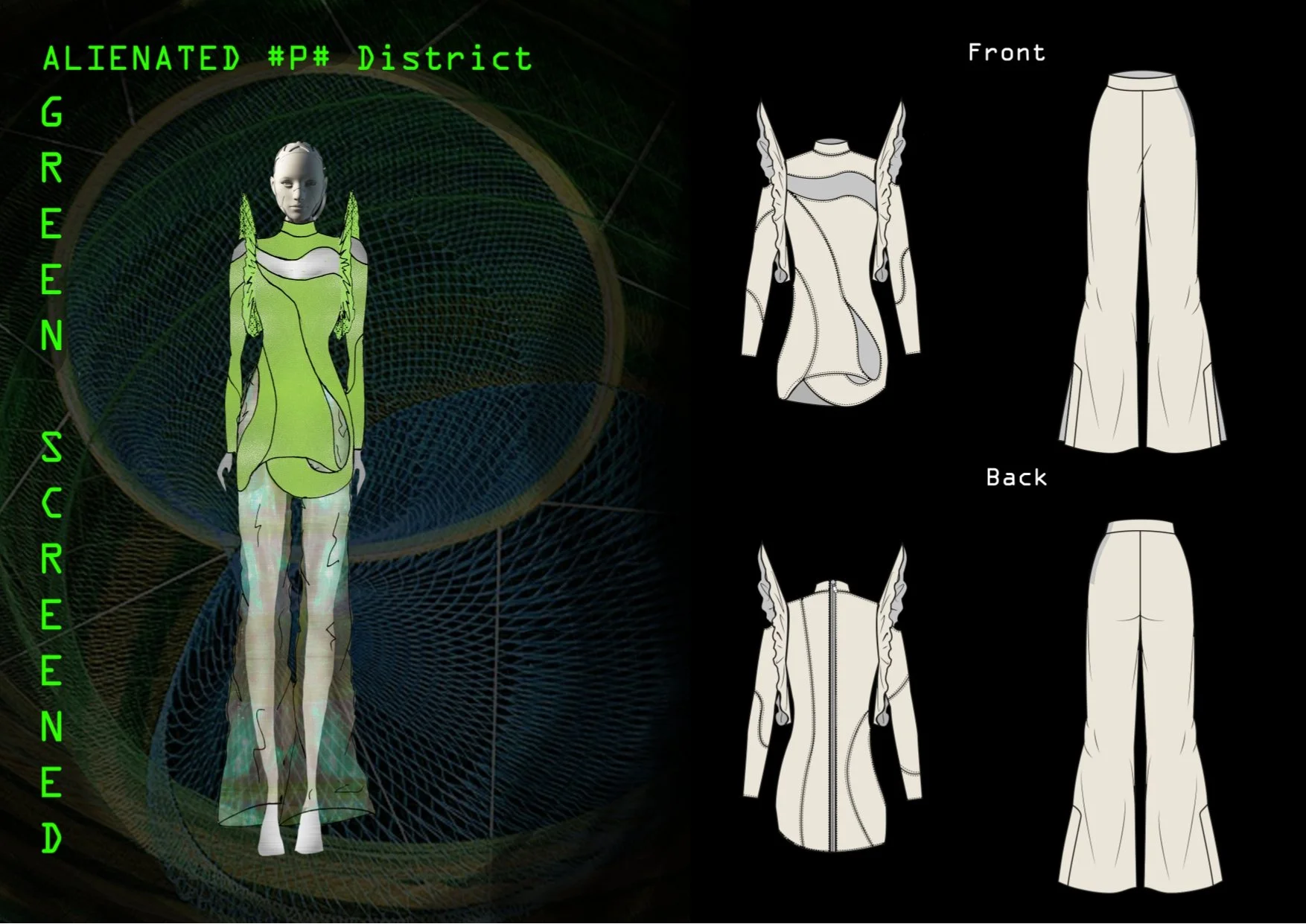 Digital fashion design plan showing a futuristic woman in a green and white outfit with wing-like shoulder details, alongside technical sketches of the garment's front and back views on a black background.