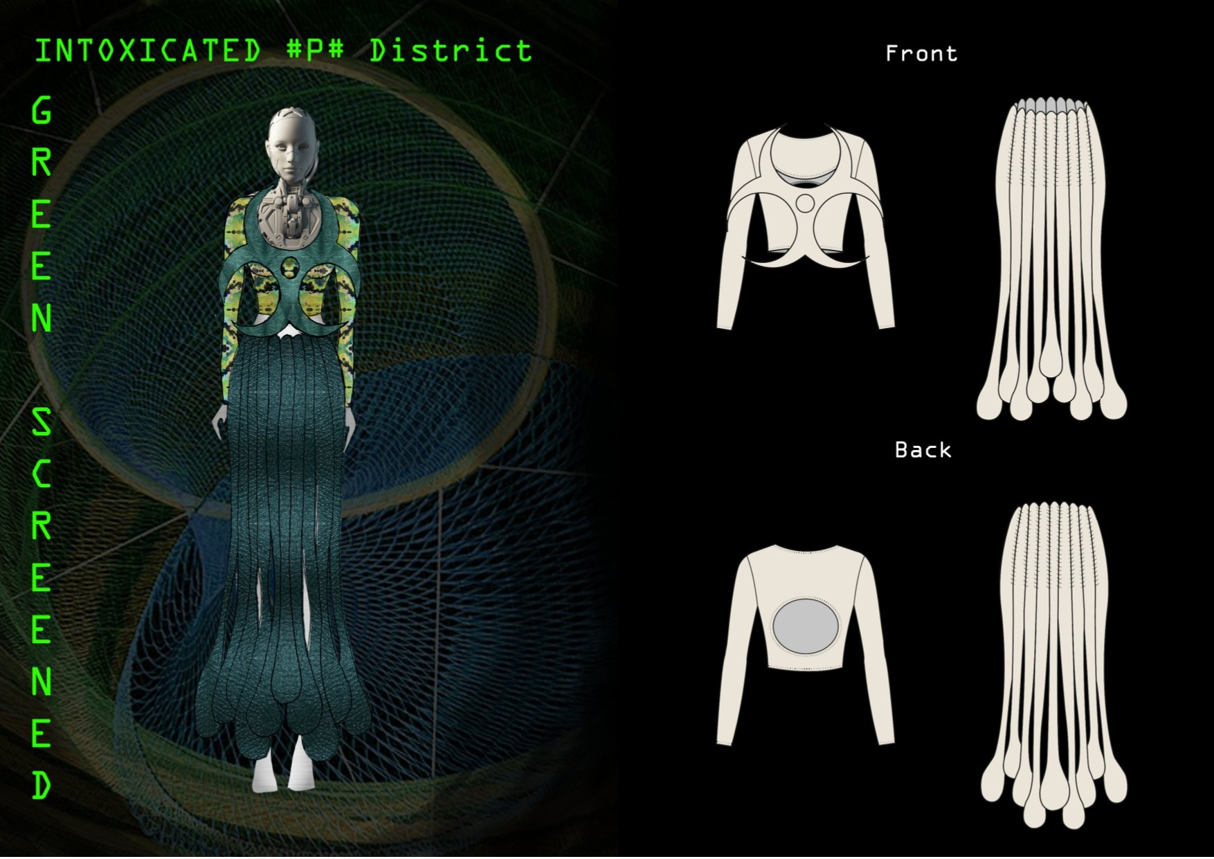Digital fashion design featuring a futuristic female mannequin wearing a colorful, textured dress with an emerald glove, labeled with front and back views of the outfit on a black background.