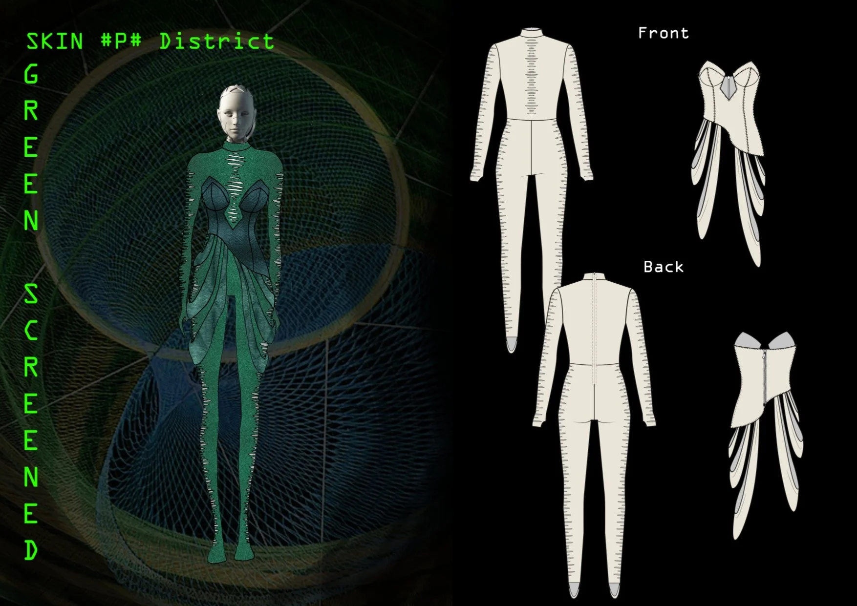 Fashion design sketch of a futuristic outfit with front and back views. The design features a high-neck top and baggy pants with intricate stitch lines. The design is displayed alongside a digital model with the outfit highlighted in a teal, black, a