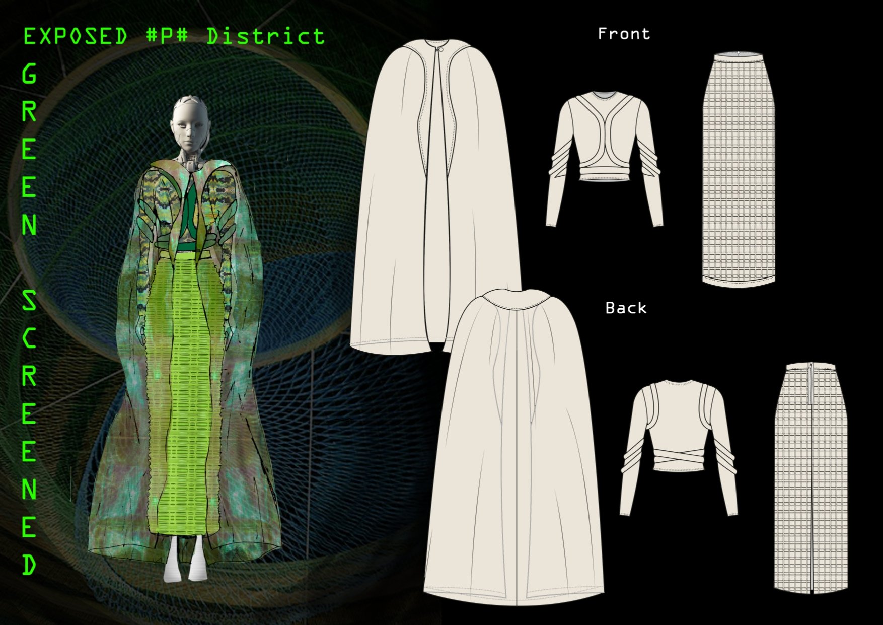 Diagram of clothing designs from the exposed purge district. The diagram shows front and back views of a long coat, a fitted jacket with design details, and a high-waisted skirt with a grid pattern.