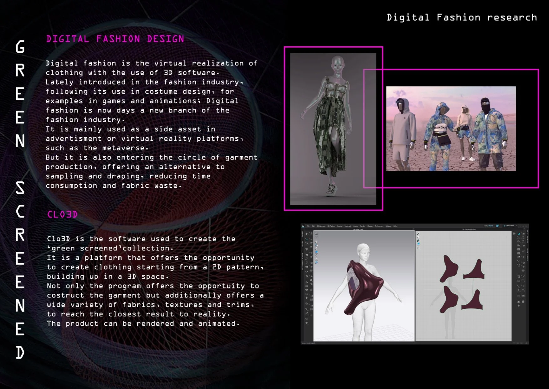 A digital infographic about digital fashion design, showing text explanation, 3D virtual clothing images, and design software screenshots.