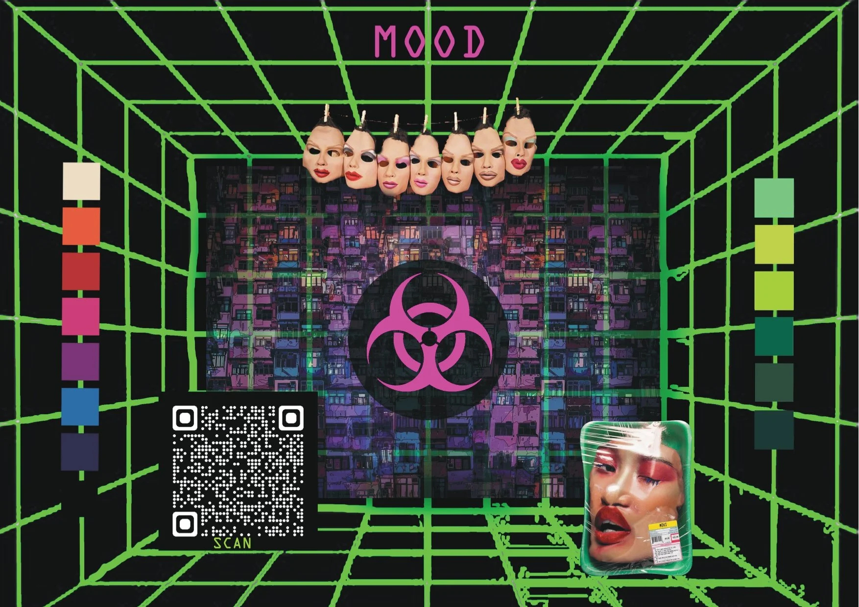 A digital art piece featuring a 3D grid in neon green, with purple and pink accents, creating a tunnel effect. At the top, there are multiple faces of a drag queen with elaborate makeup and hair, hanging upside down. The word "MOOD" is displayed in p
