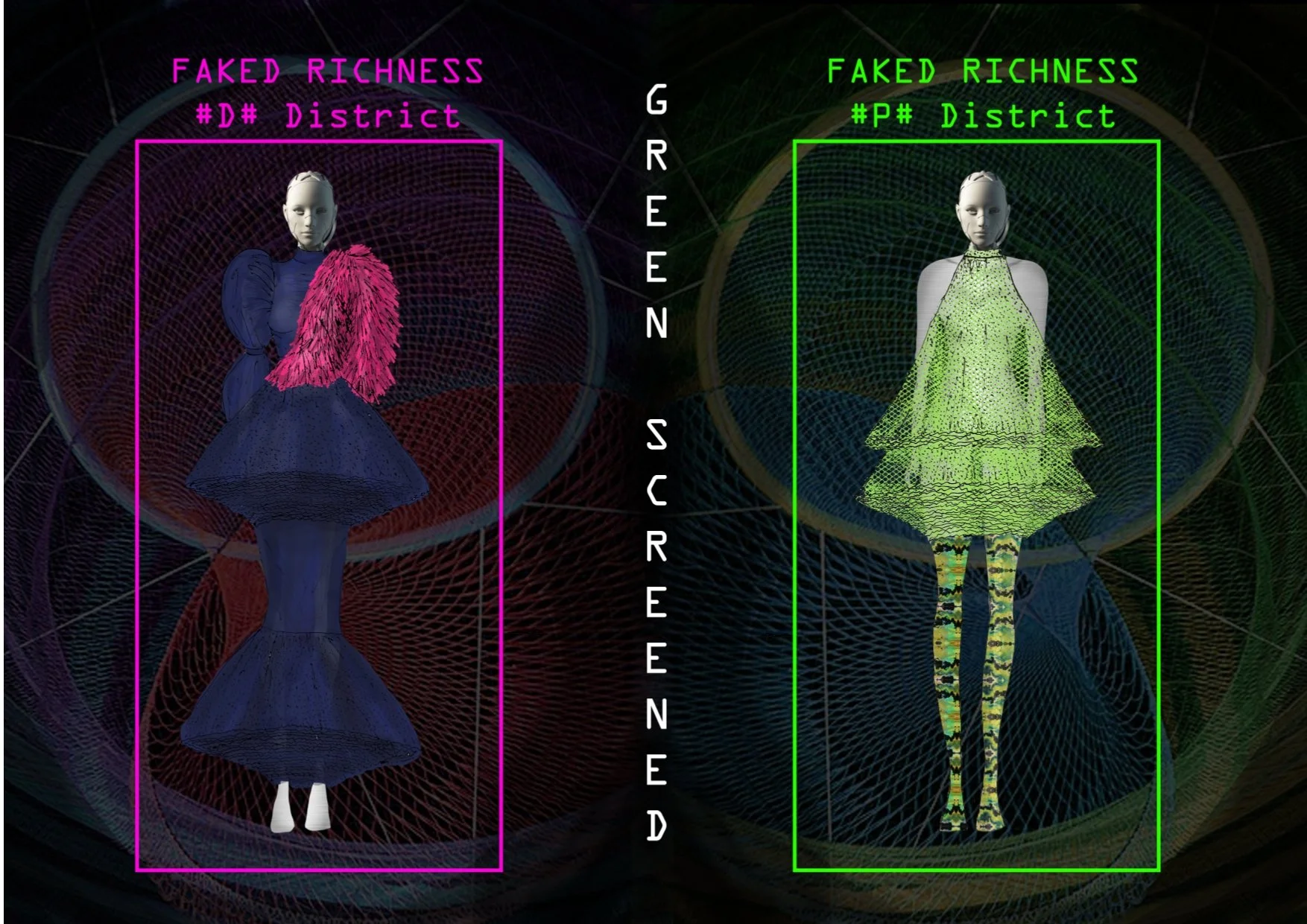 Digital artwork featuring two virtual fashion models, one in a blue dress with pink feather accents on the left and another in a green dress with colorful striped tights on the right. Both models are enclosed in neon-colored frames with text labels r