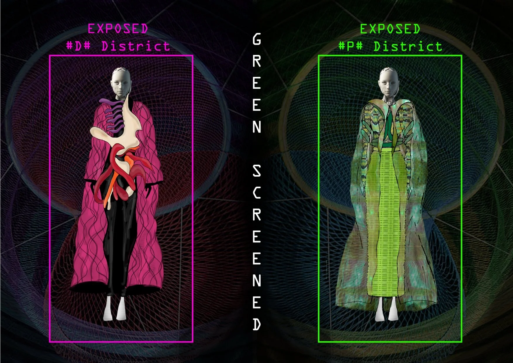 Two digital figures representing exposed districts, one in pink and black, the other in green and yellow, set against a background of vibrant geometric patterns.