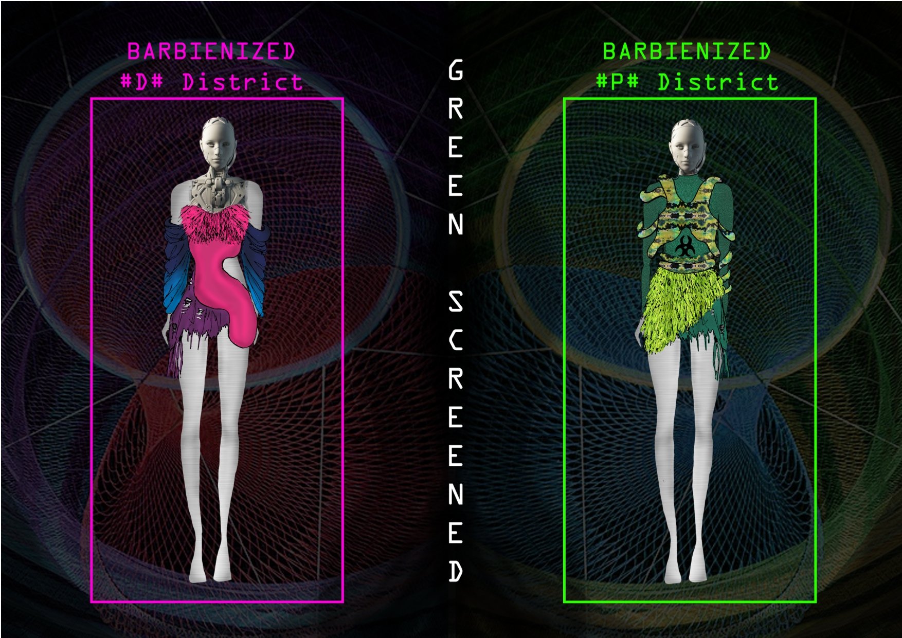 A digital graphic with two mannequins, each within a colored outline, on a dark background with colorful swirling lines. The left mannequin is labeled "BARBIENIZED #D# District" in pink, wearing an abstract, colorful outfit with pink and blue. The ri