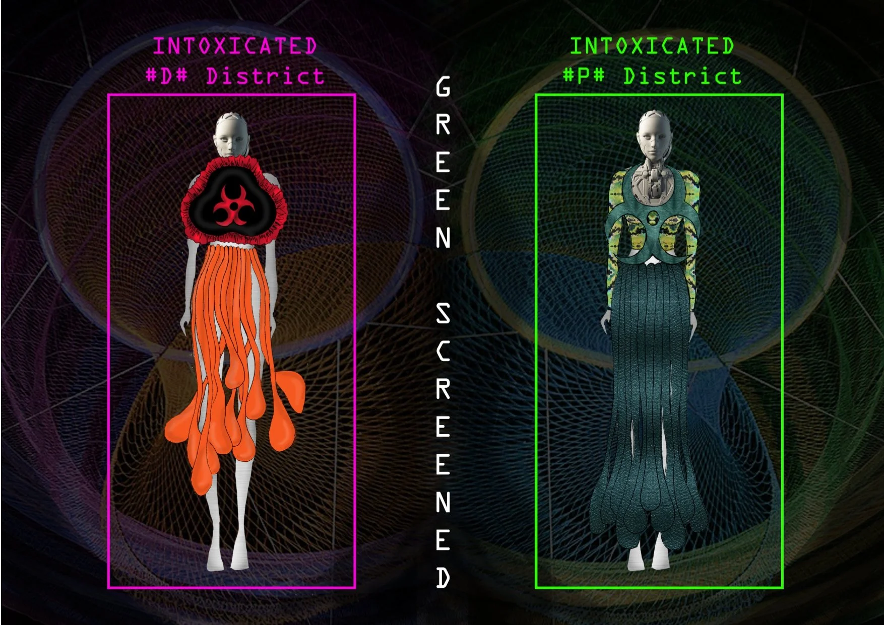 Two futuristic digital illustrations of humanoid figures, one with an orange flowing dress and the other with a green, textured, dress-like outfit, labeled 'INTOXICATED' in pink and green respectively, with the words 'SCREEND' vertically between them