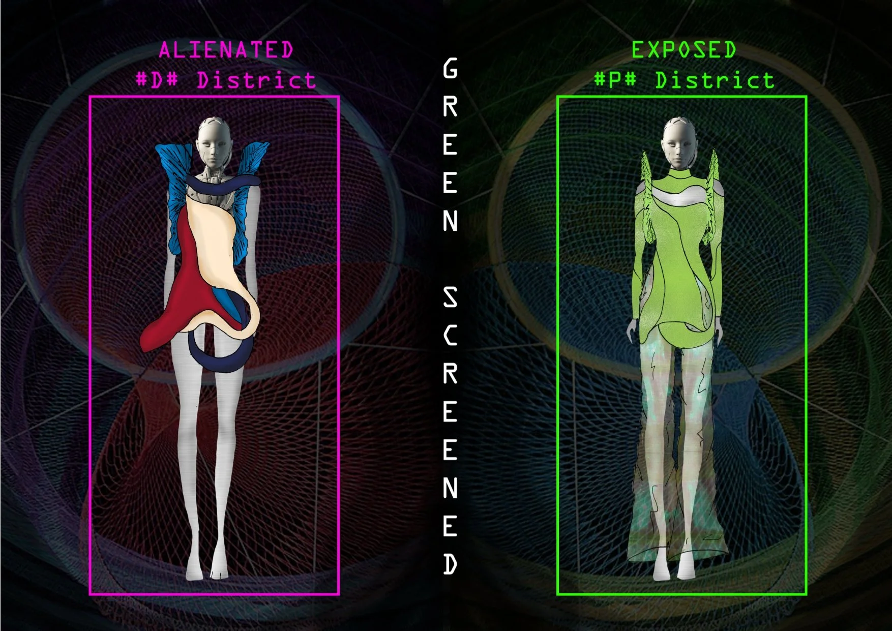 Illustration of two humanoid figures with digital art backgrounds, labeled 'Alienated #D# District' on the left and 'Exposed #P# District' on the right, separated by a central column with the word 'Green' vertically.