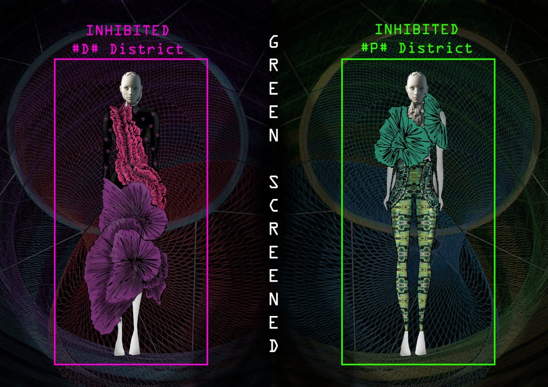 Diagram of two mannequin figures with fashion outfits, separated by the word 'GREENSCREEN'. The left mannequin is shown in a dark outfit with floral details and is surrounded by a pink border labeled 'INHIBITED #D# District'. The right mannequin wear