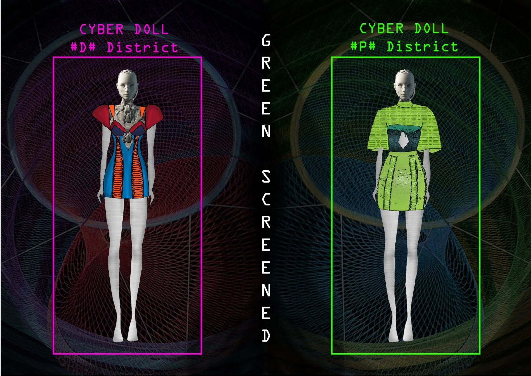 A split-screen digital artwork featuring two robotic female figures in futuristic outfits. The left side has a purple outline and the words 'CYBER DOLL' and '#D# District' at the top, with the robot in a colorful, armor-like dress. The right side has