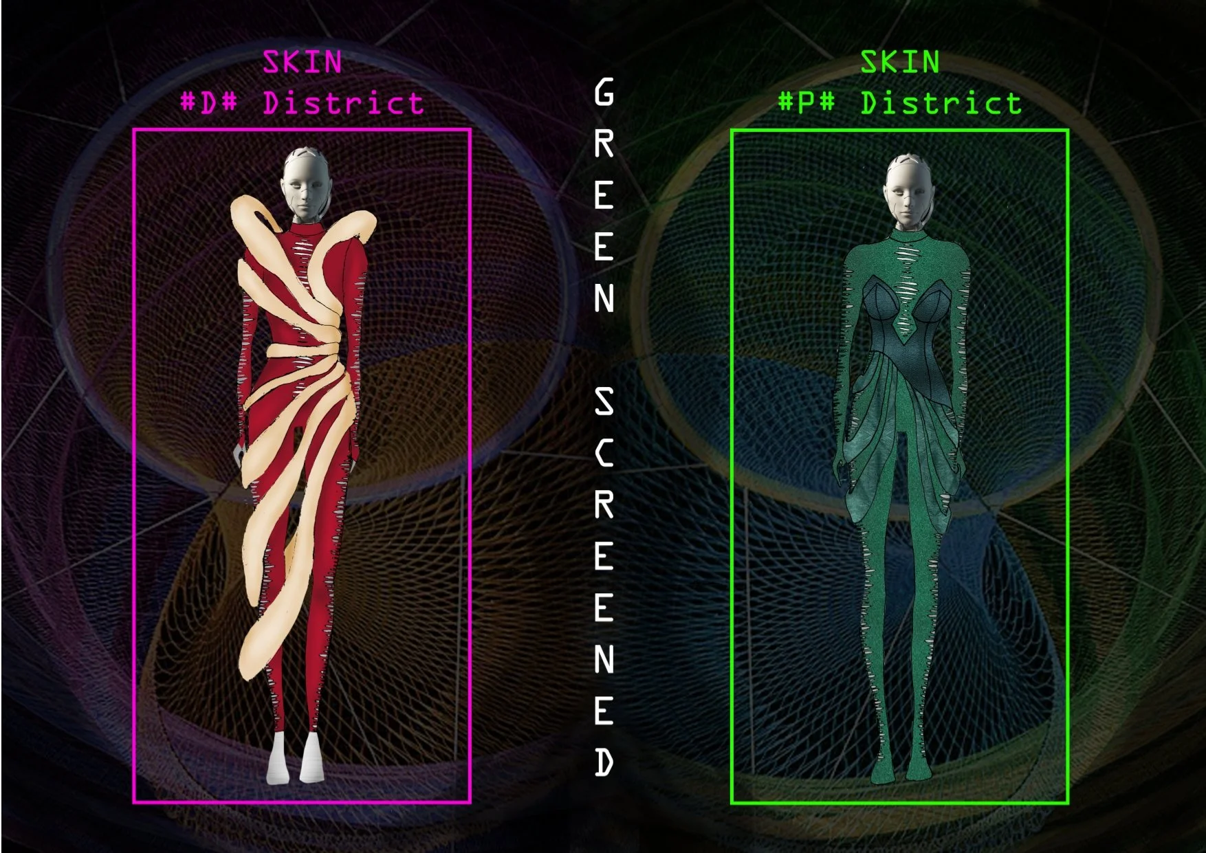 Digital artwork featuring two stylized humanoid figures, one on the left with a red and beige outfit and spiraling beige shapes on the body, and one on the right in a green and black outfit with geometric patterns. The background has abstract, colorf