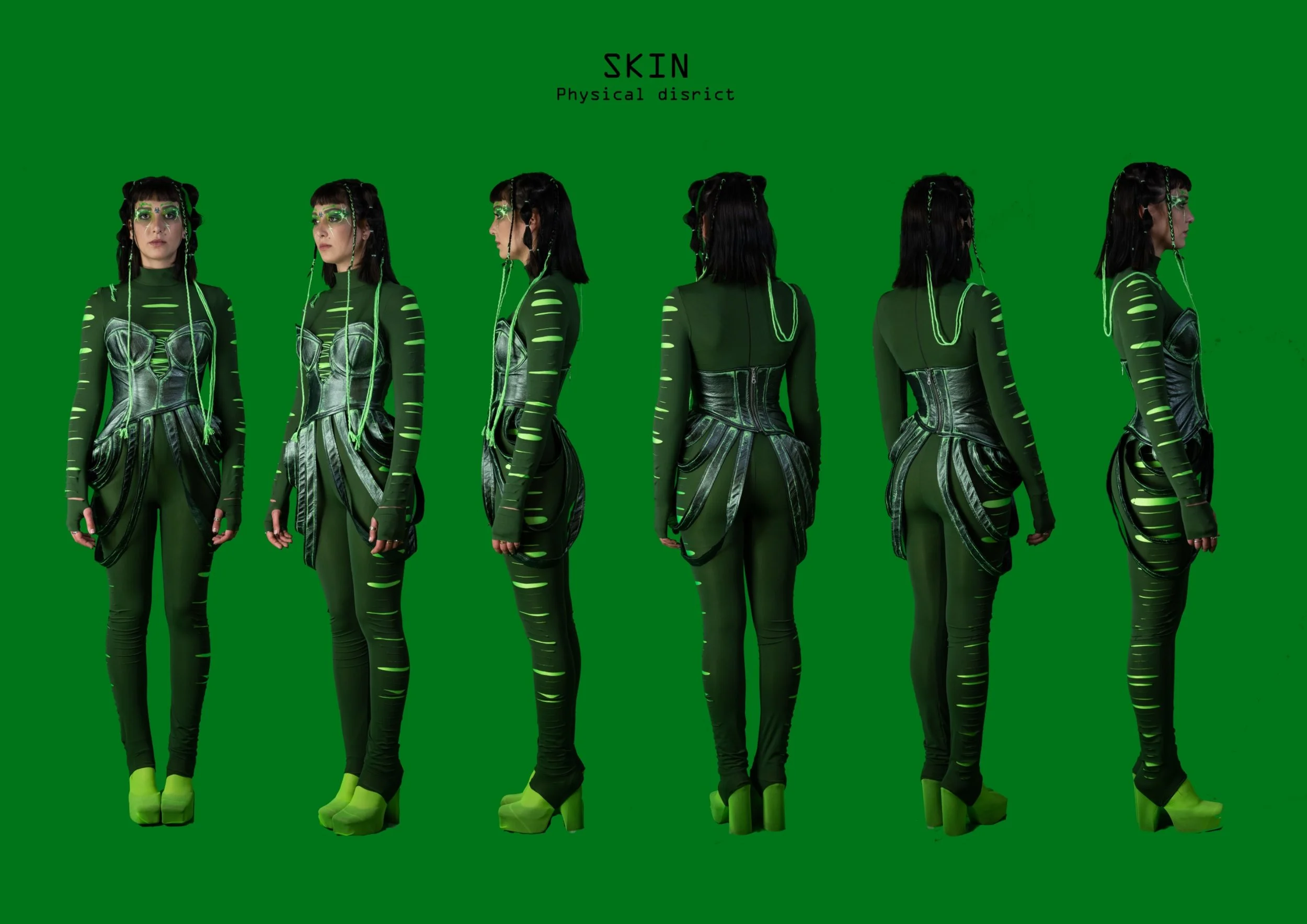 Multiple women dressed in matching green and black futuristic outfits with neon accents, standing against a green background, photographed from various angles.