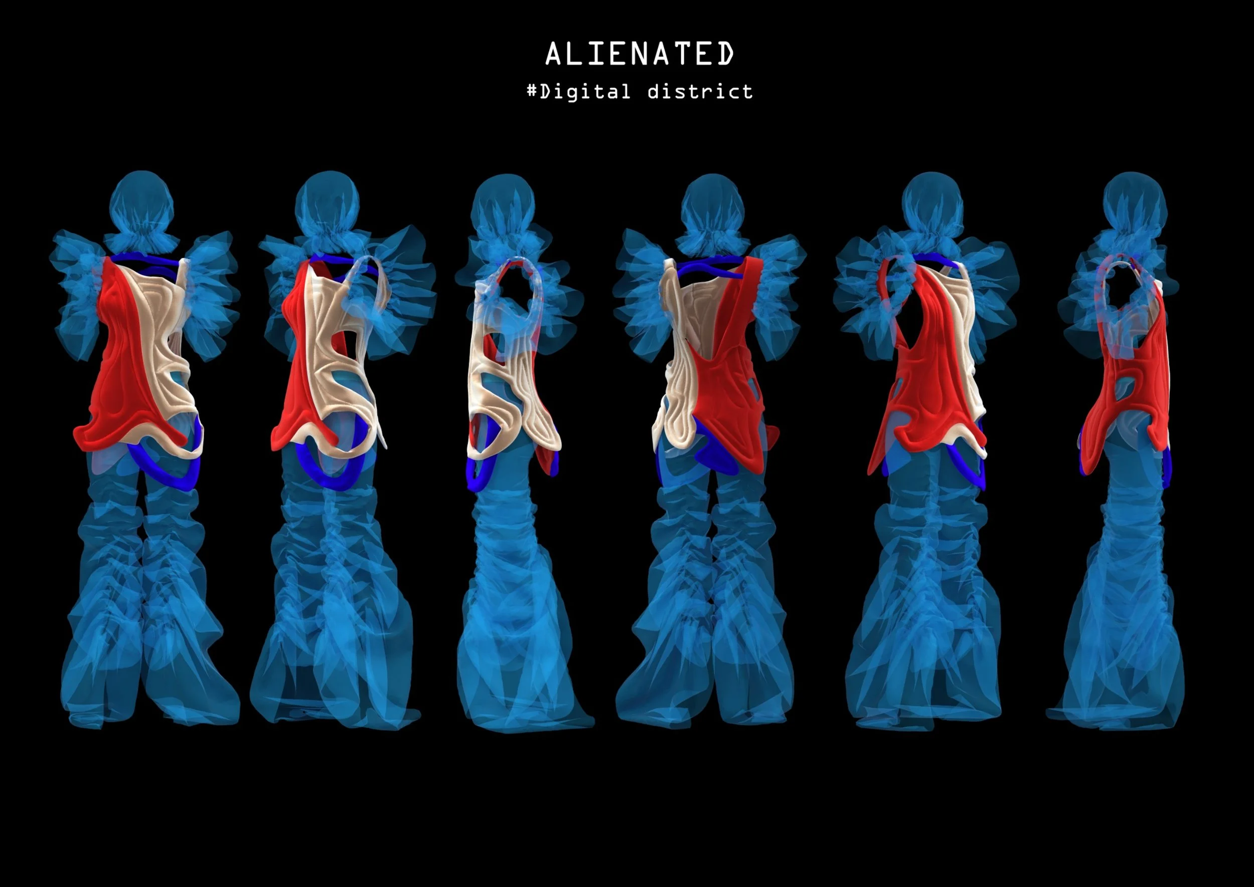 Digital art display titled 'ALIENATED' with a tagline '#Digital district', featuring a series of abstract, colorful human figures in neon blue, red, red, beige, and purple, arranged in a line on a black background.