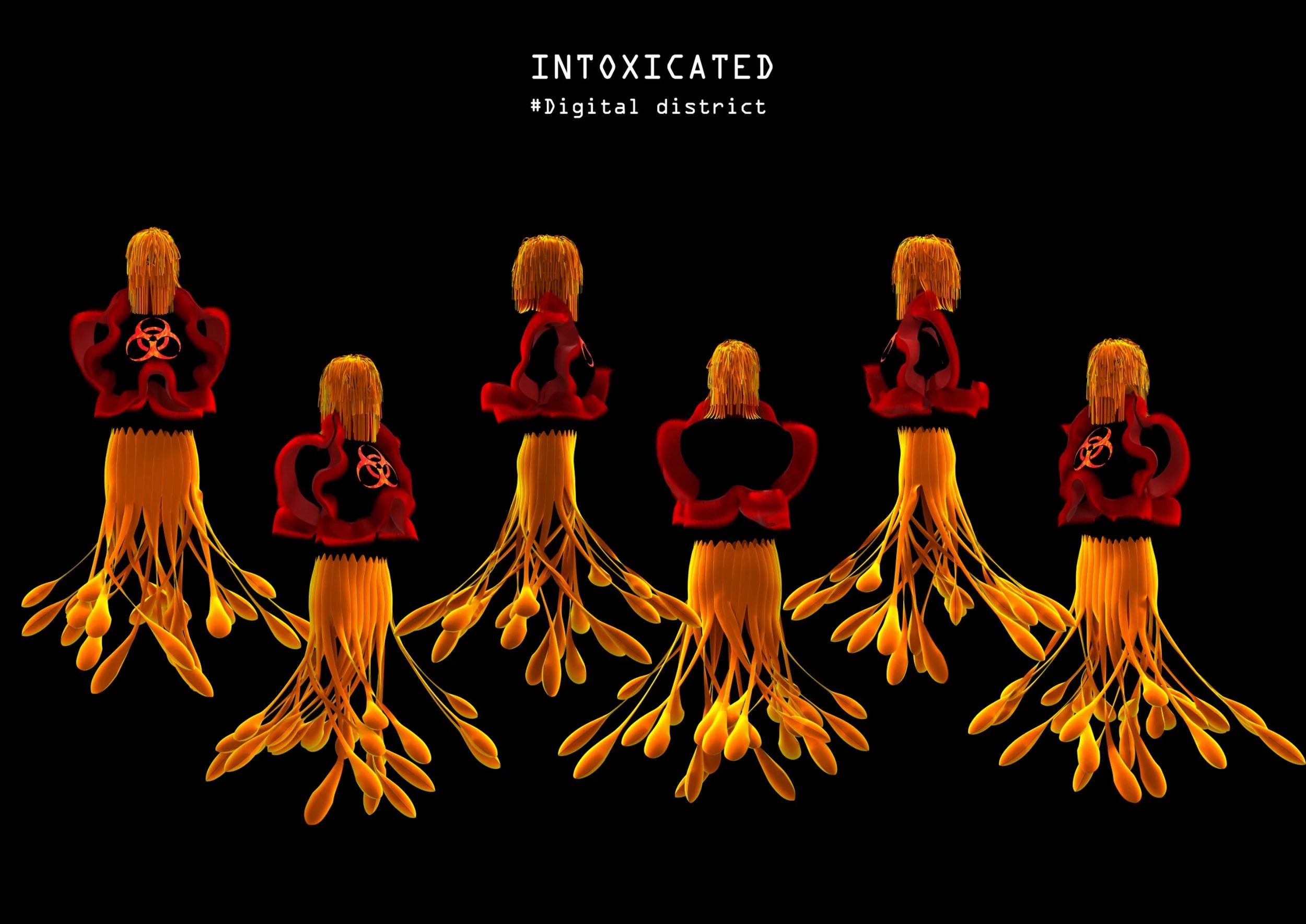 Digital illustration featuring abstract human figures with orange hair and red robes, with yellow and orange neural-like branches beneath them, against a black background, and text that reads 'INTOKICATED #Digital district'.