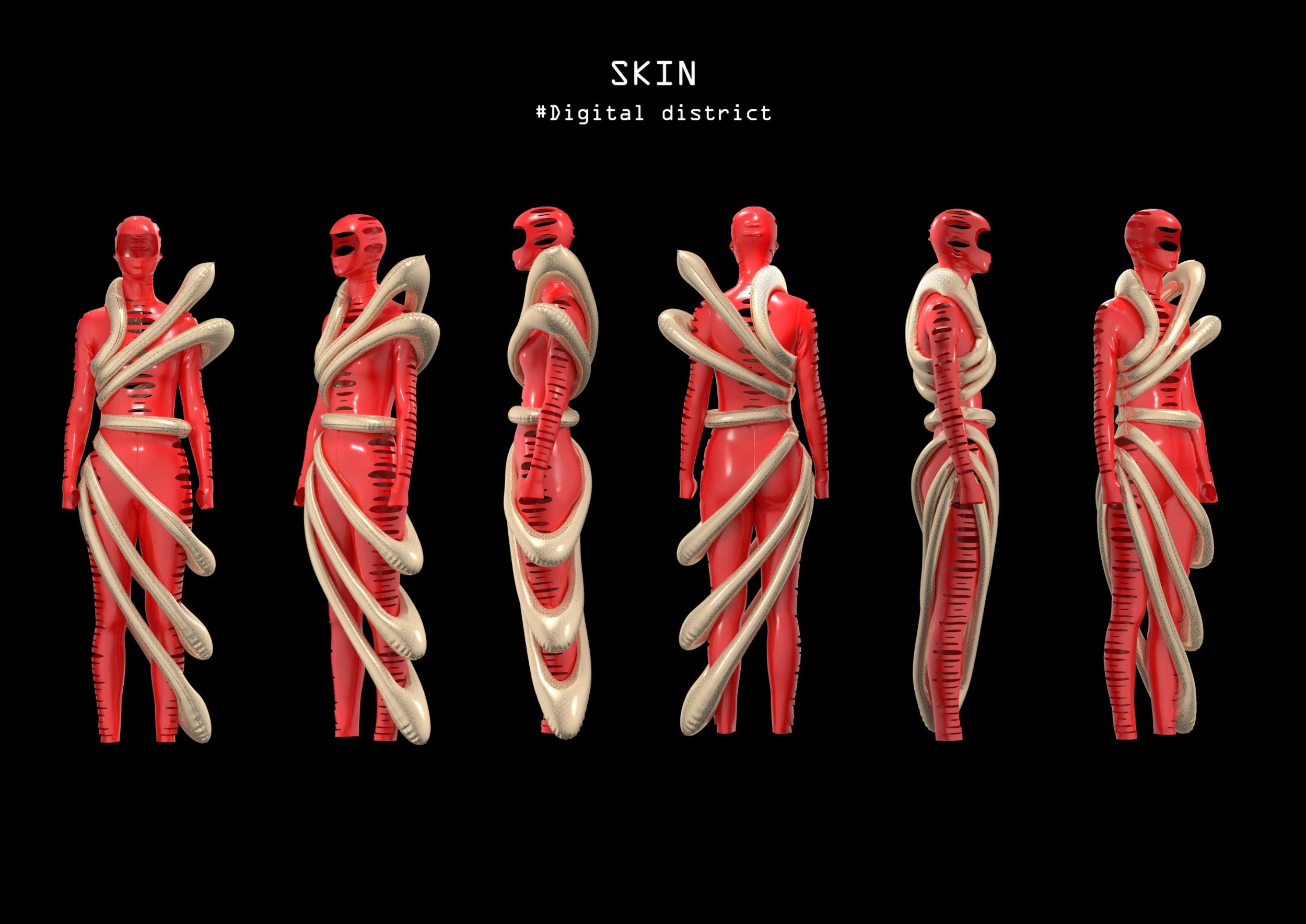 Digital art of a red human figure with black stripes, wrapped in beige tubes, set against a black background. The top text reads 'SKIN #Digital district'. 