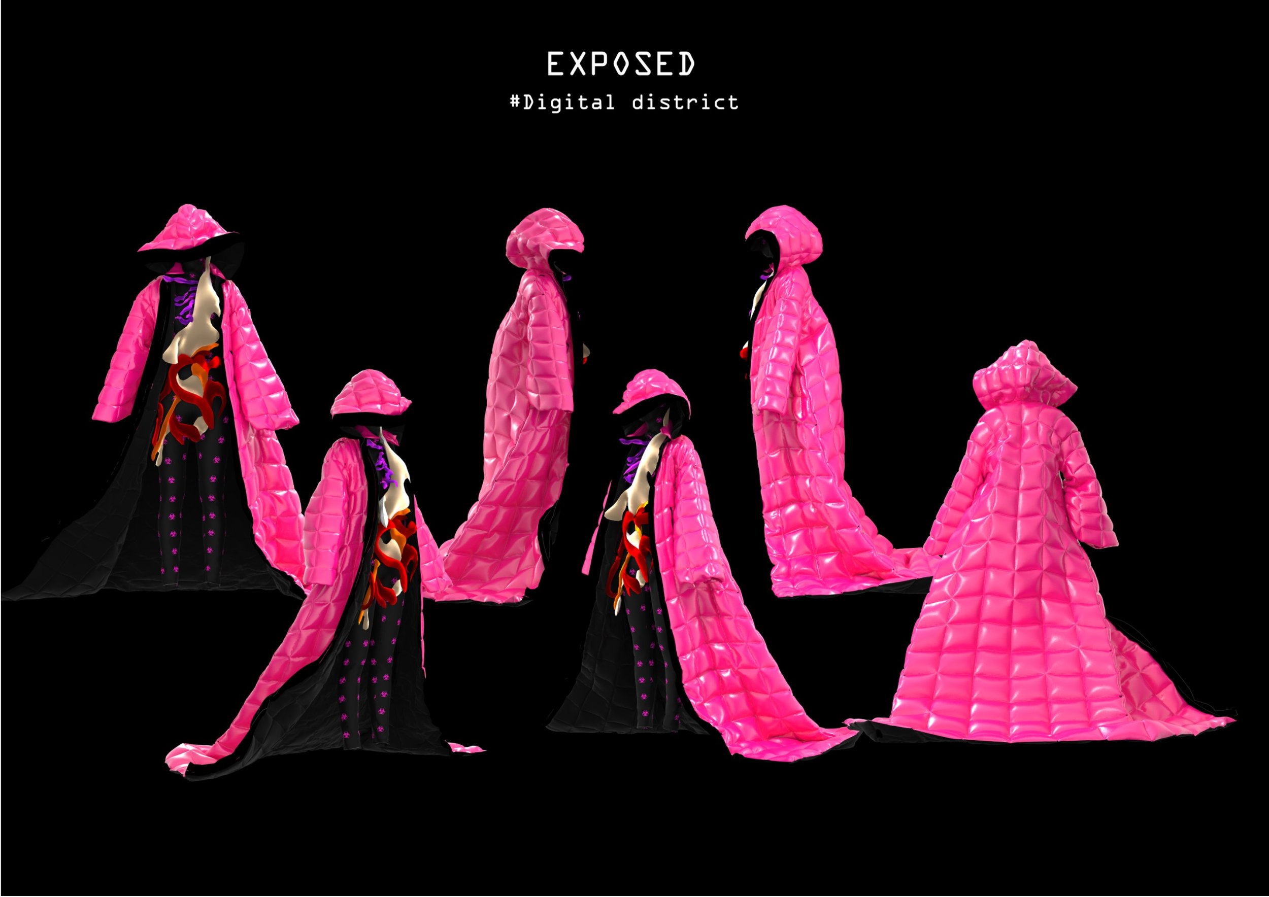 Fashion mannequins wearing pink quilted coats and black clothing against a black background with white text reading 'EXPOSED #Digital district'.