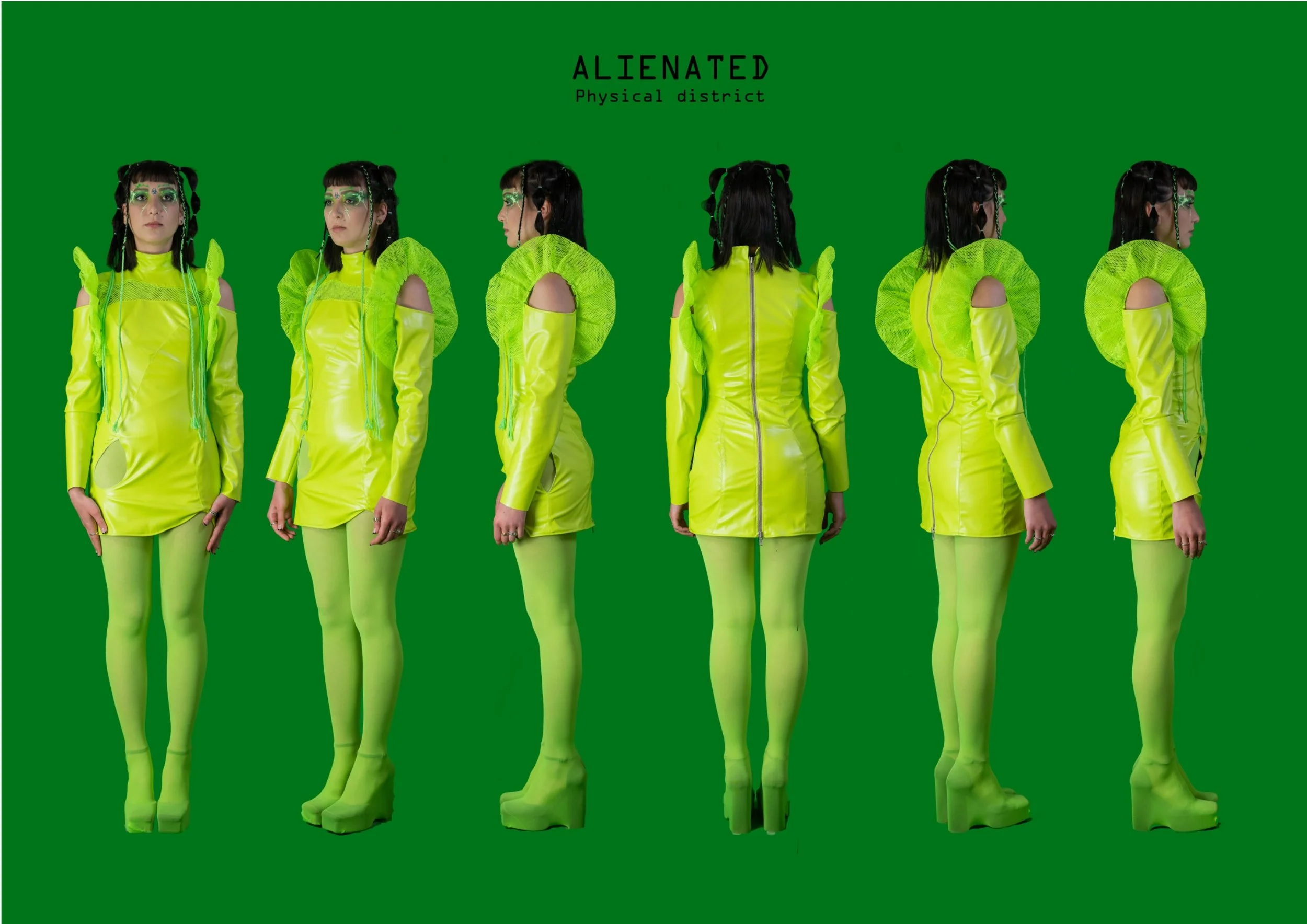 A row of mannequins dressed in bright yellow futuristic fashion against a green background, with the word 'ALIENATED' and 'Physical district' written above.