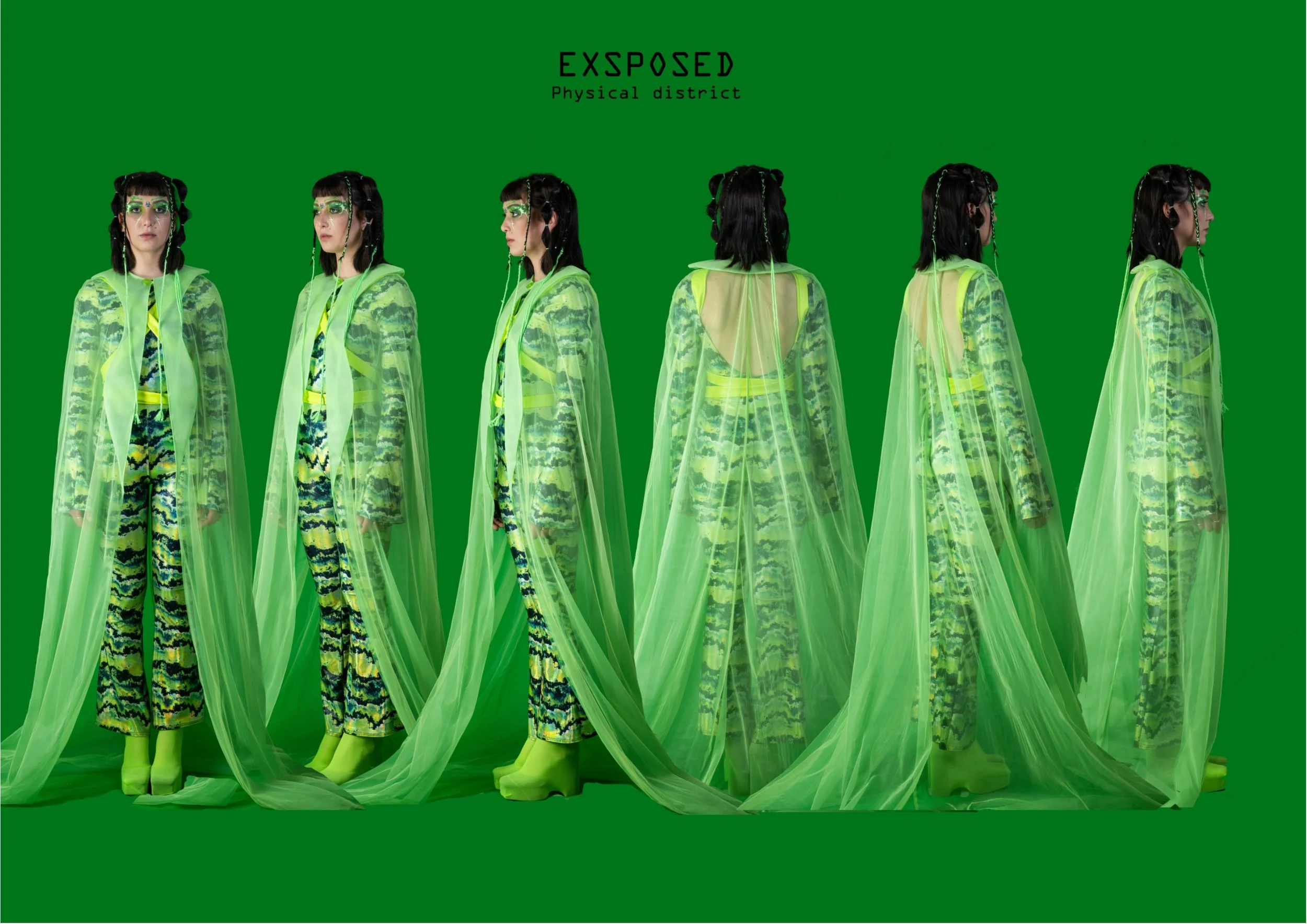 Fashion model wearing patterned clothing and neon green boots, with green mesh cape against a green background, with 'EXPOSED' and 'Physical district' text at the top.