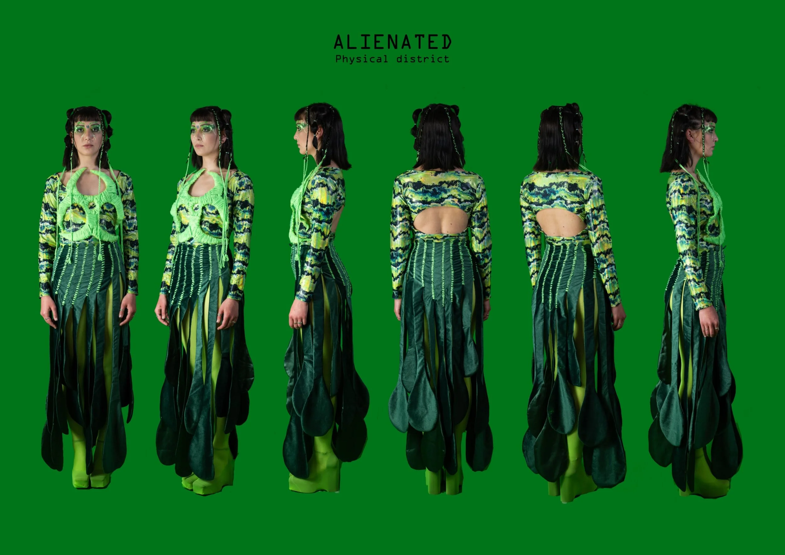 A woman dressed in futuristic green and black clothing with green makeup and accessories, shown from multiple angles against a solid green background. The word 'ALIENATED' and 'Physical district' are written above her.
