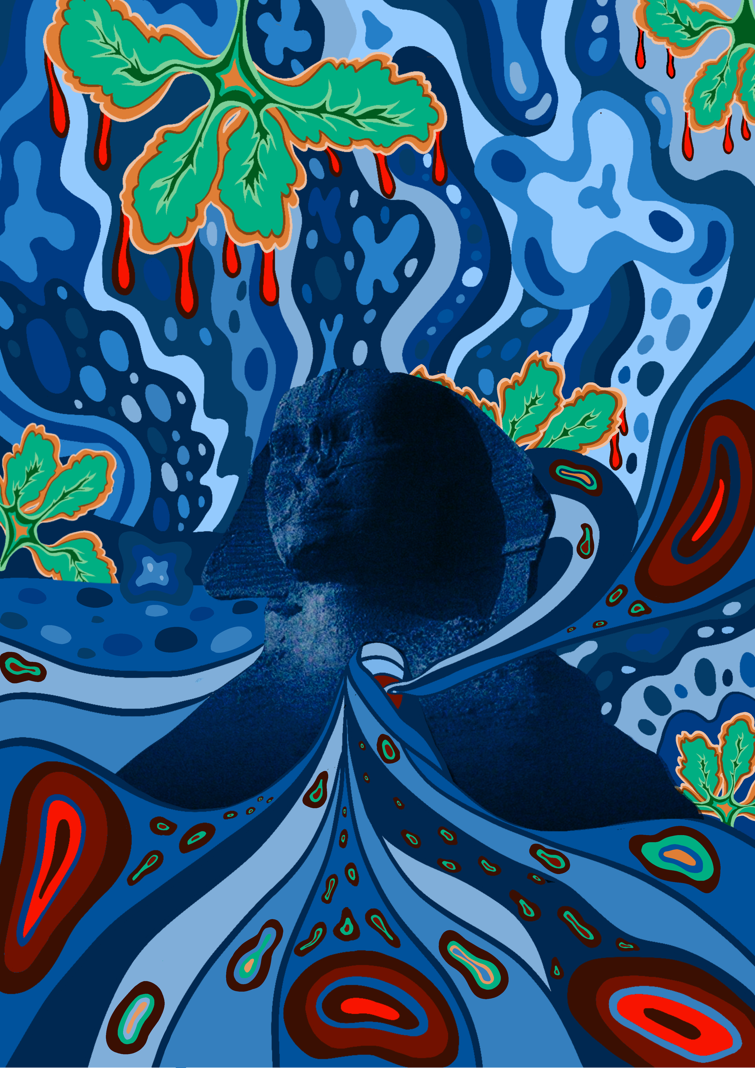 A digital artwork blending elements of Vincent van Gogh's 'Starry Night' with modern abstract patterns, featuring swirling blue and indigo sky, vibrant green leaves with red accents, and a dark textured rock in the foreground.