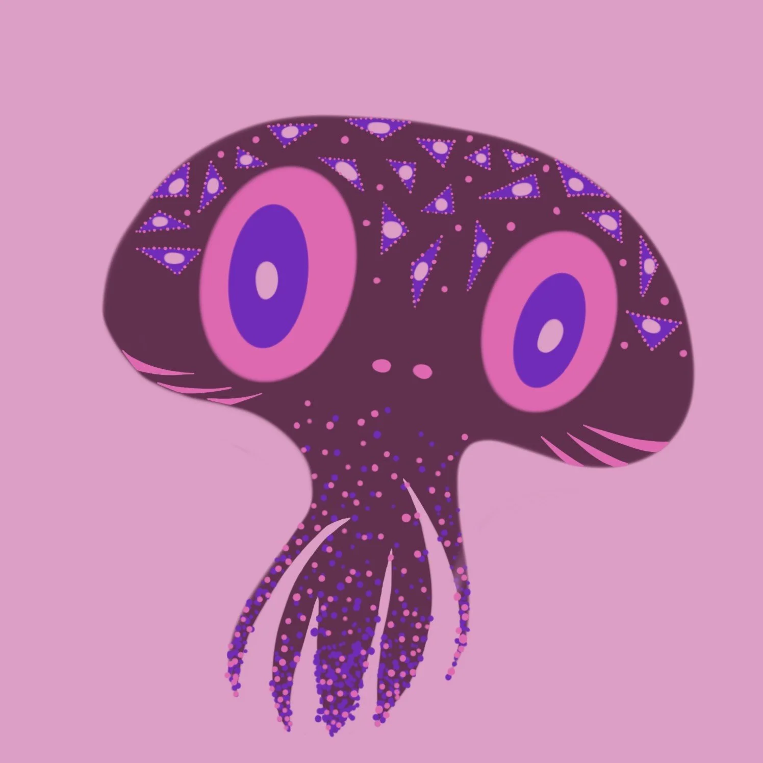 Stylized illustration of a squid with a dark purple body decorated with pink and purple dots and geometric patterns, set against a light pink background.
