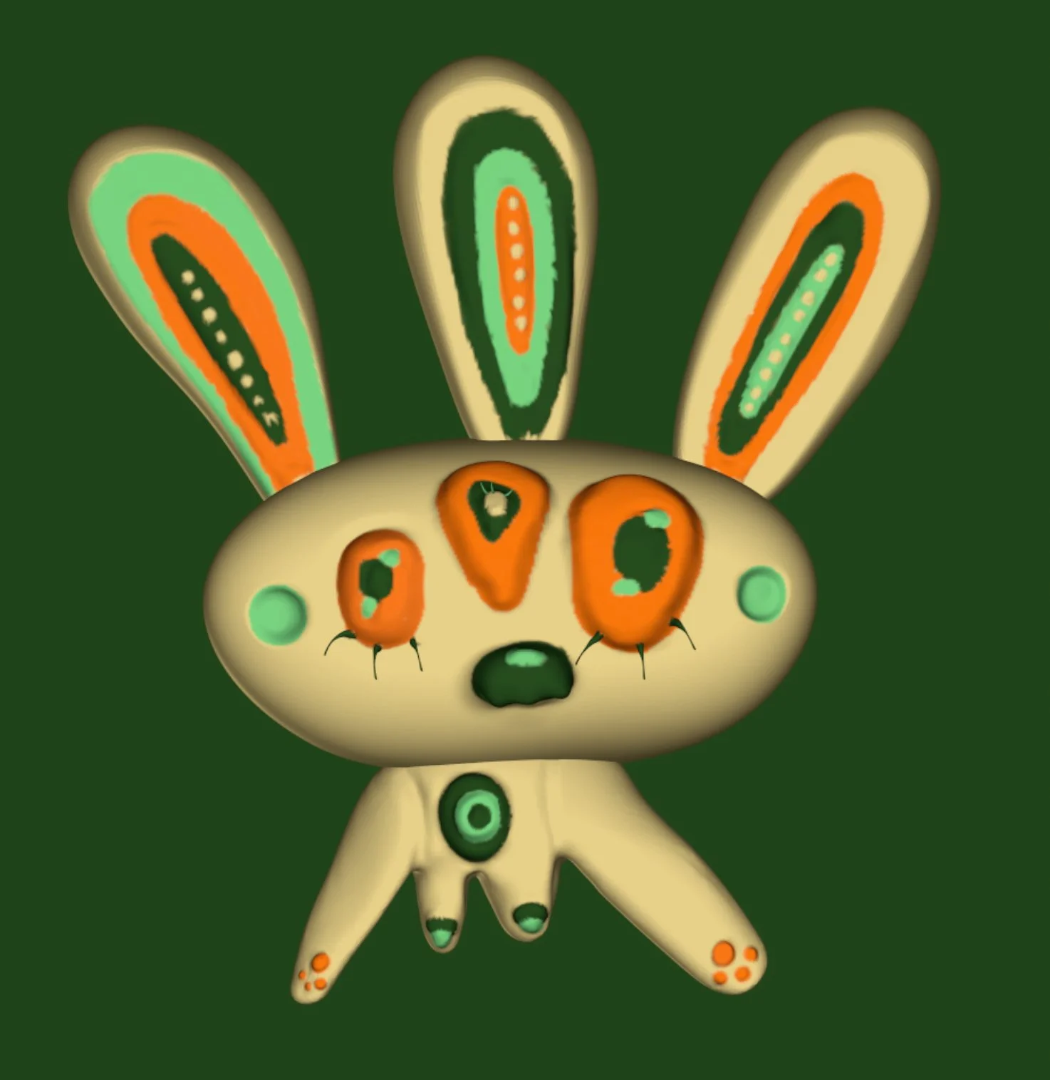 A digital illustration of a cute rabbit with a beige body, orange and green facial features, and large colorful ears, set against a dark green background.