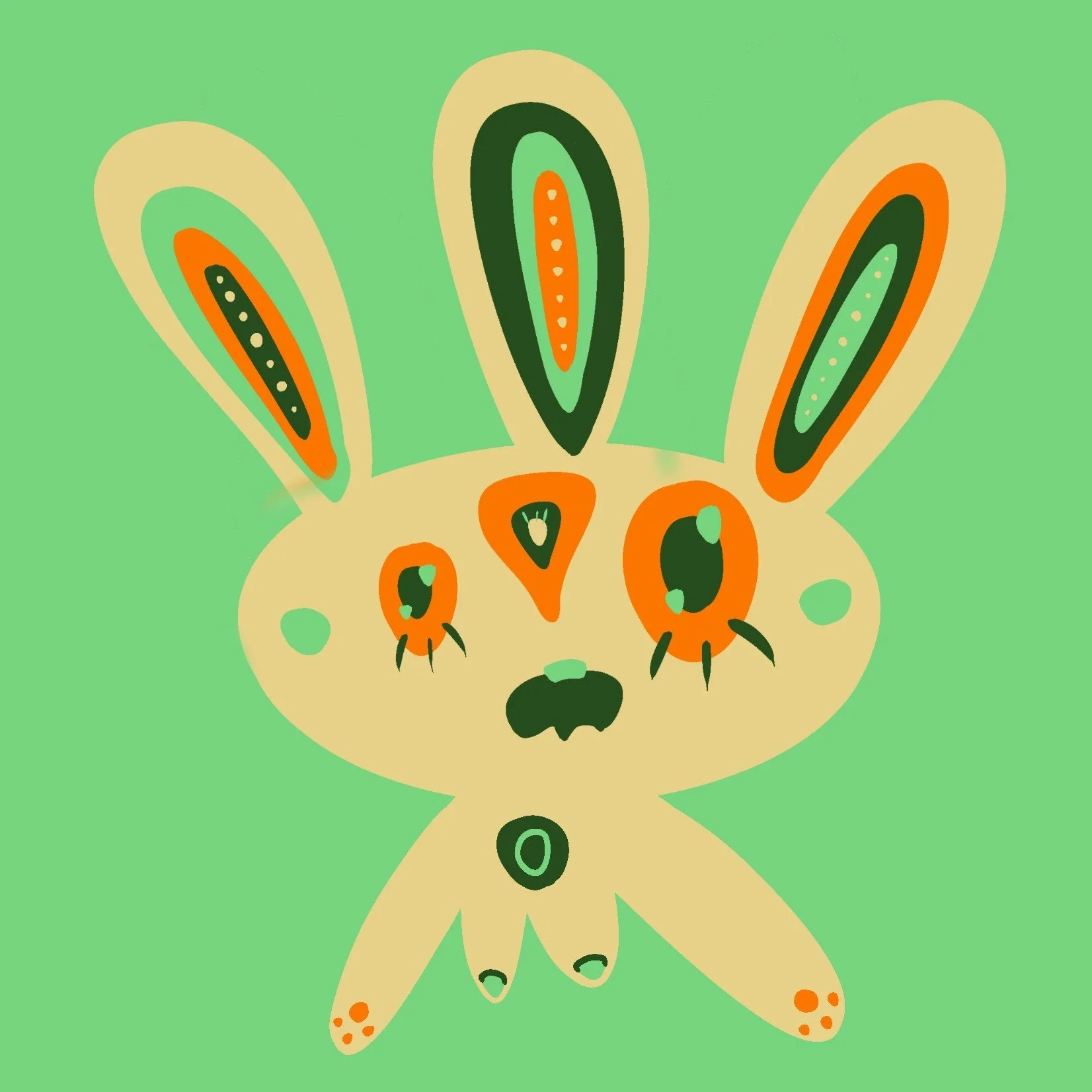 Stylized illustration of a rabbit with large ears, featuring abstract patterns of orange, green, black, and cream colors on a green background.