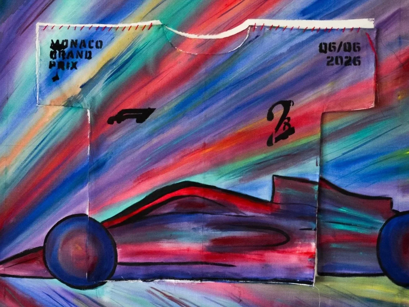 Colorful abstract painting of a race car with a rainbow background, featuring text that reads 'Monaco Grand Prix 2026' and the date '06/06/2026'.