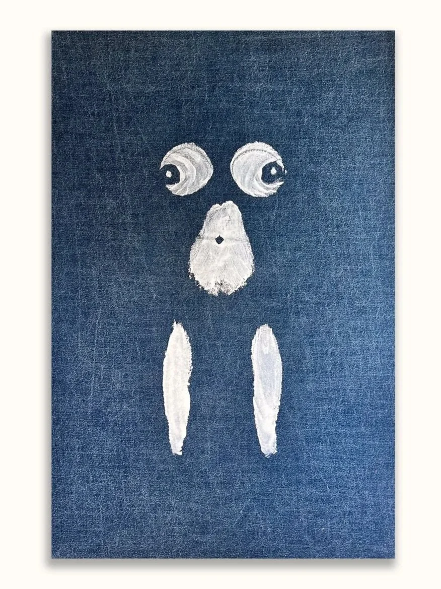 Abstract painting of a bear's face on a blue textured background, with white brushstrokes forming eyes, nose, and ears.