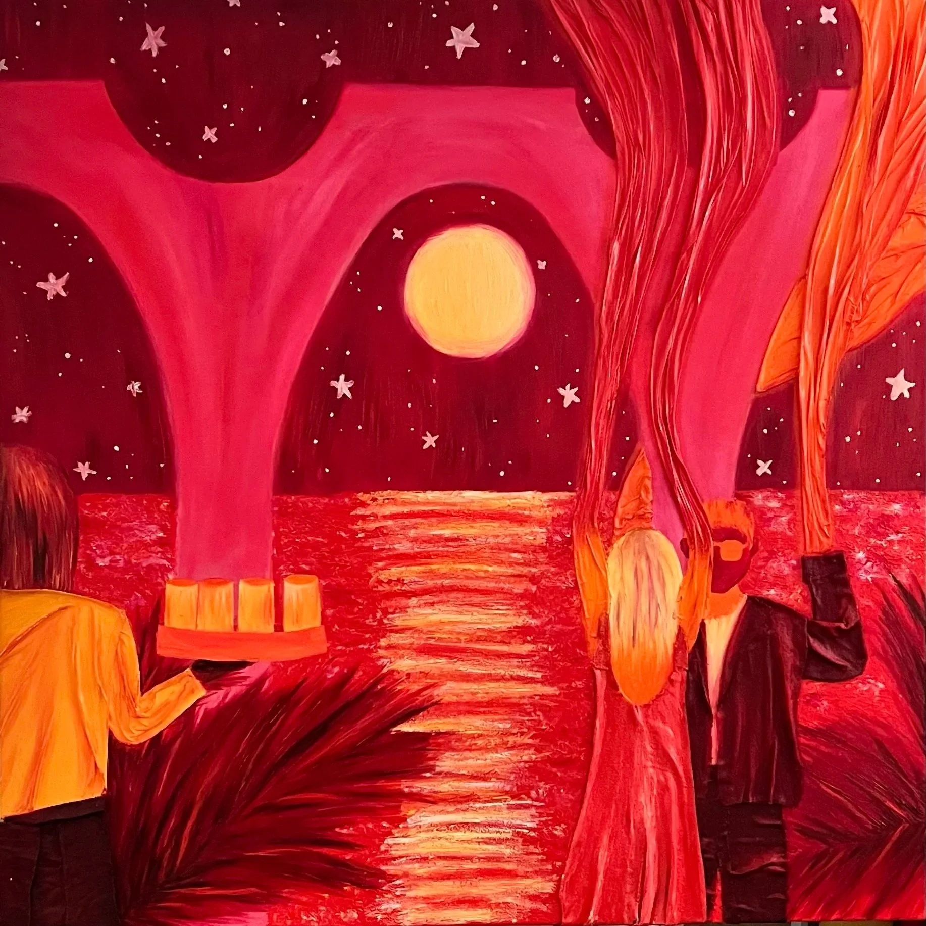 Abstract painting with a sunset, stars, trees, and a waterbody in shades of red, orange, black, and yellow.