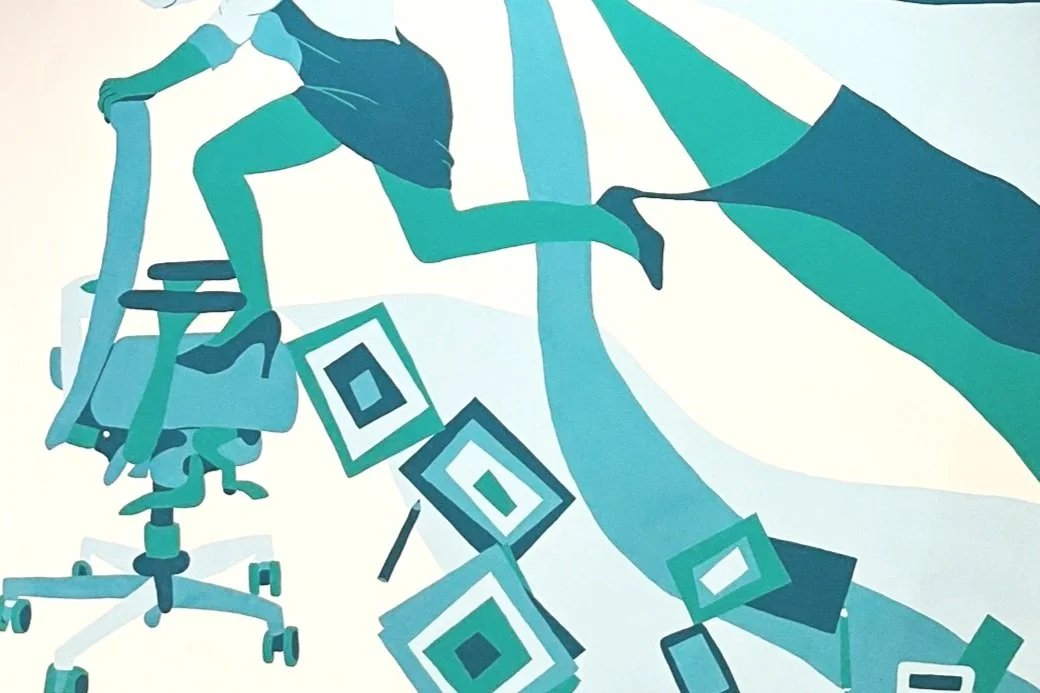 Abstract illustration of a person in business attire climbing on an office chair and a desk, with scattered geometric shapes and vibrant shades of blue and teal.