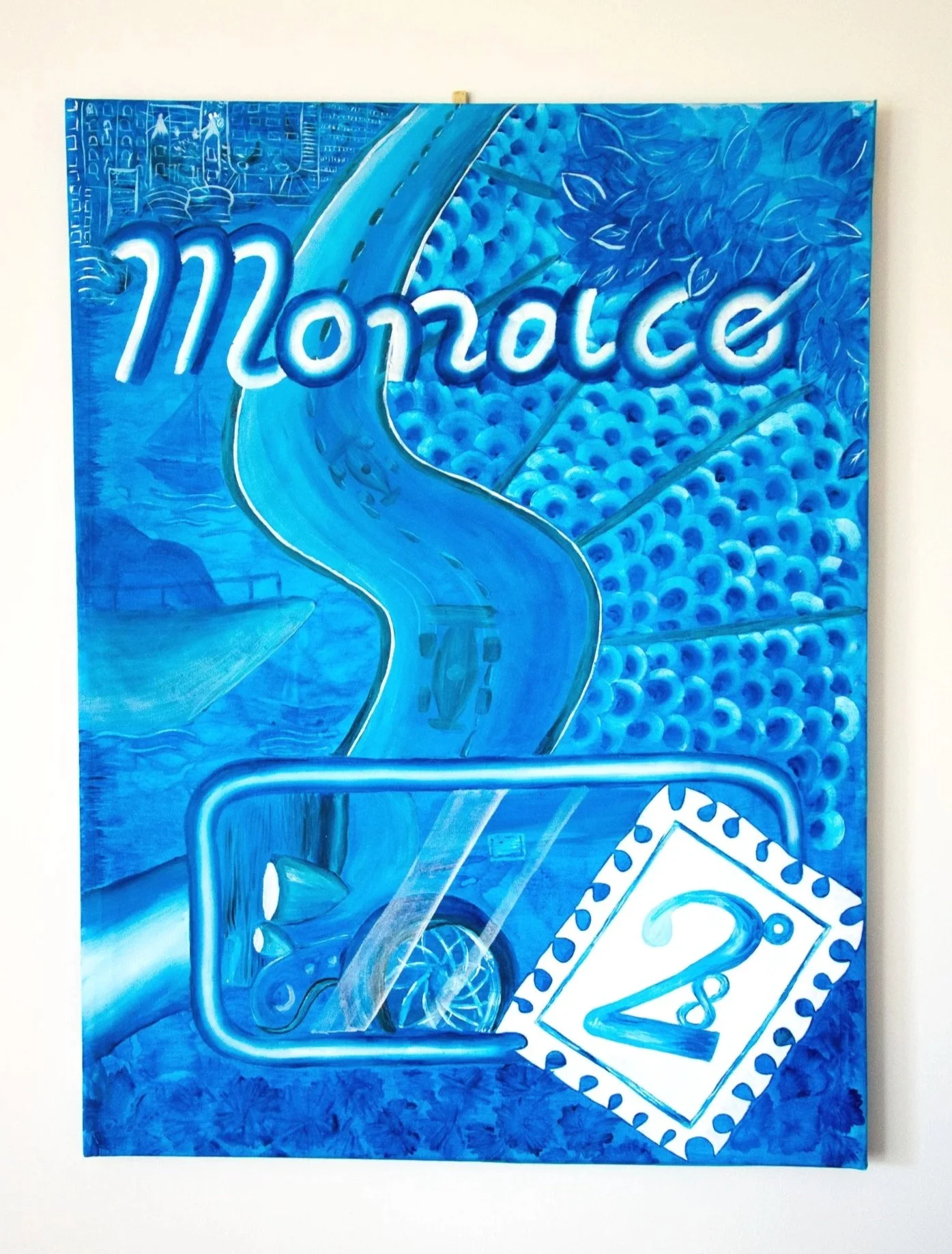 A blue-toned painting depicting a winding road, a high-heeled shoe, blueberries, and a postage stamp with the number 28.