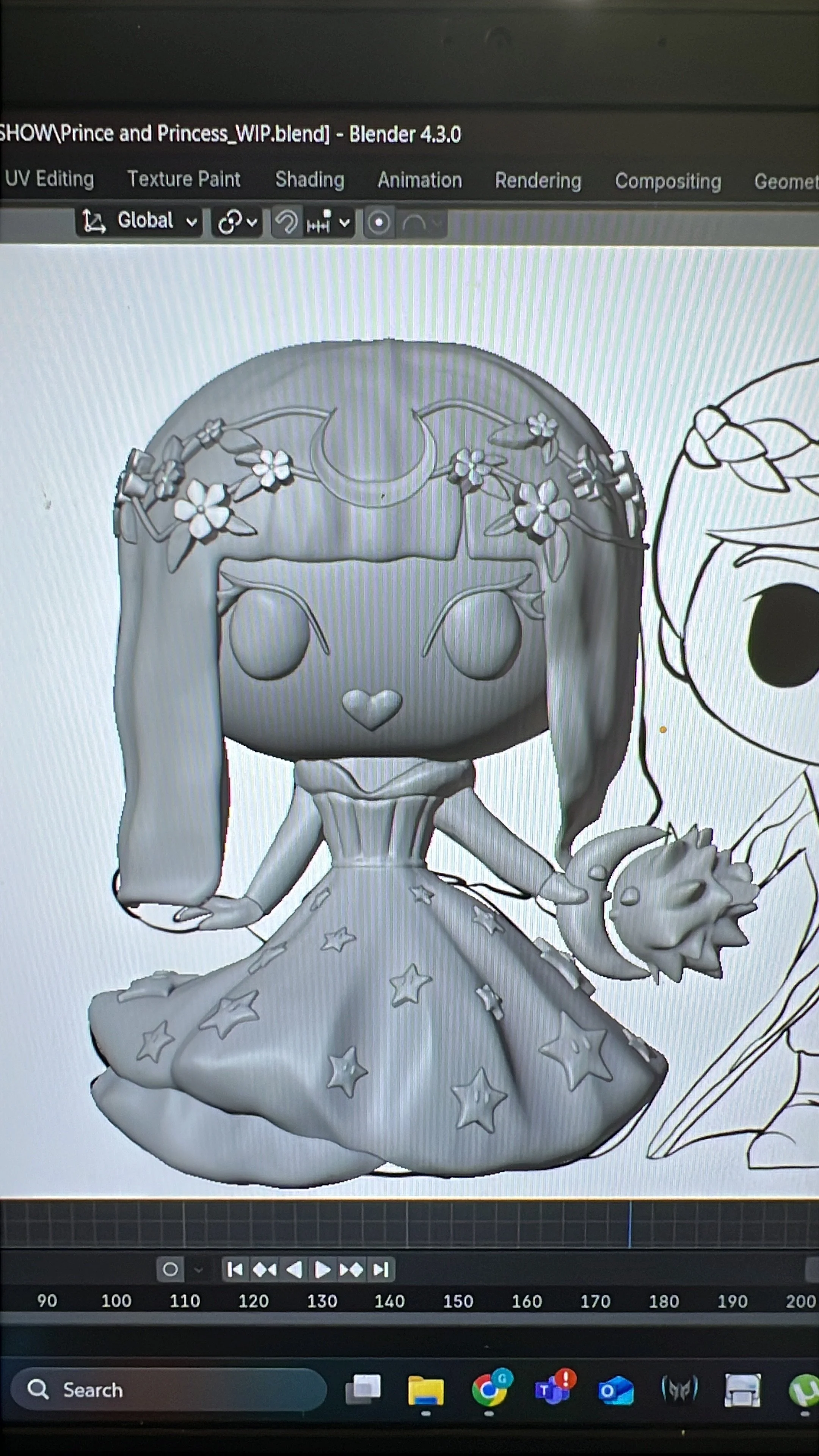 A grayscale 3D model of a doll resembling a princess, with long hair decorated with flowers, wearing a dress with star patterns, and holding a small lion plush toy.