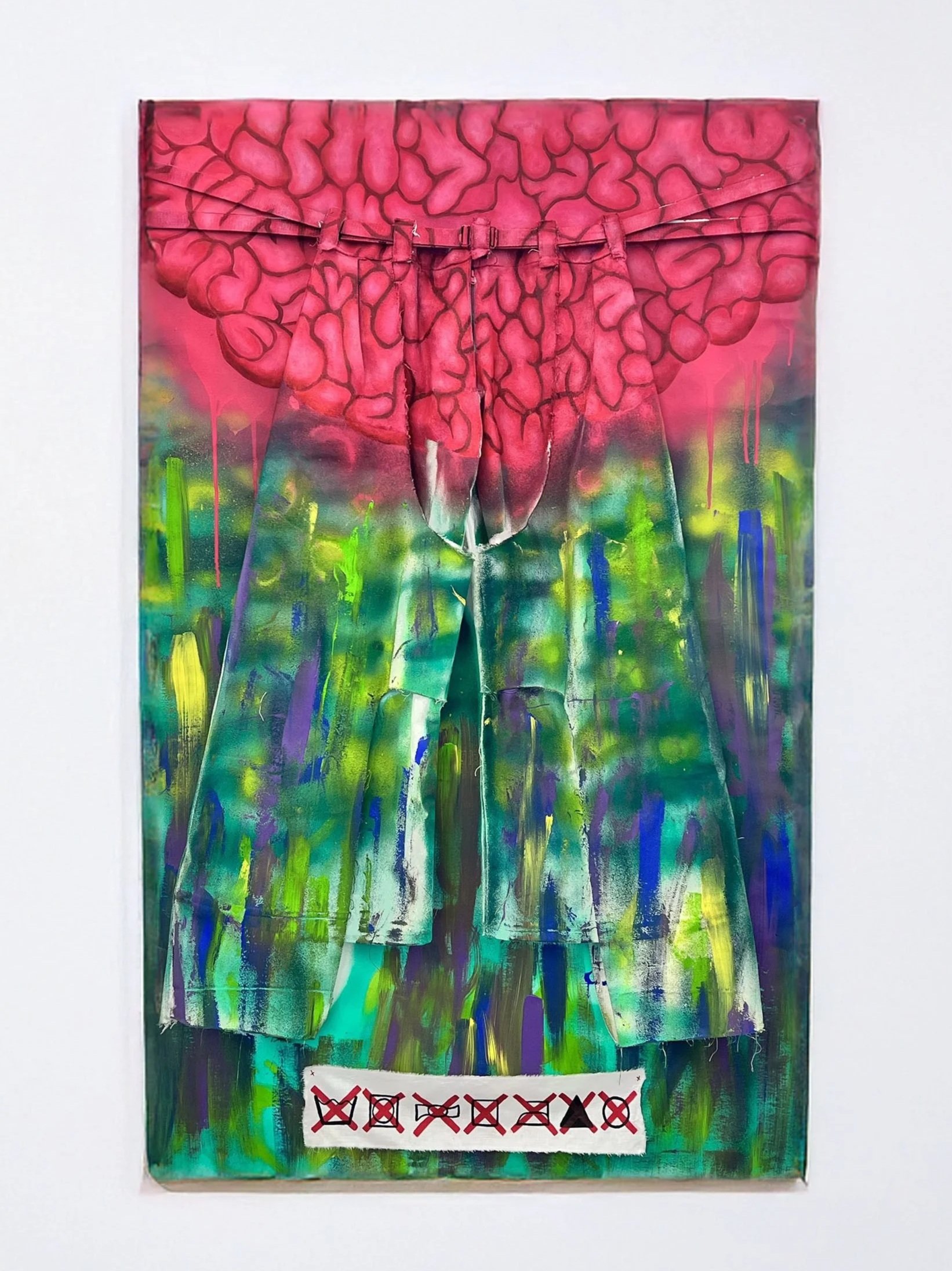 A colorful painting of a pair of pants with a pink brain pattern on the upper part and an abstract multicolored lower part, with laundry symbols at the bottom.