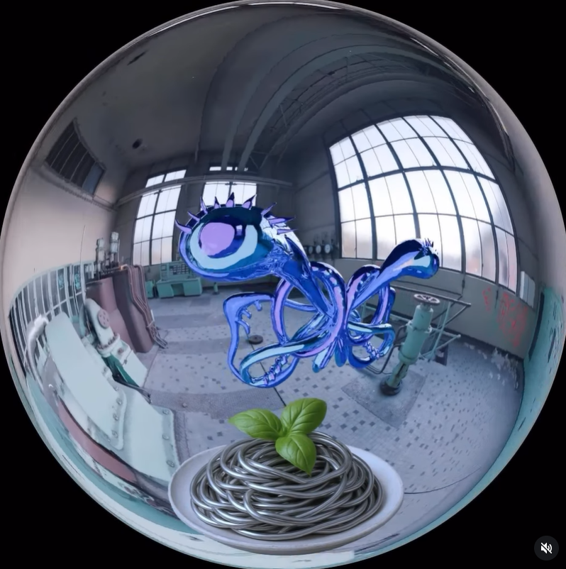 A fisheye view of a sterile laboratory with large windows, showing a glass sculpture of a blue octopus with purple eyes and spiky head, a green plant in a white pot on top of a coiled metal object.