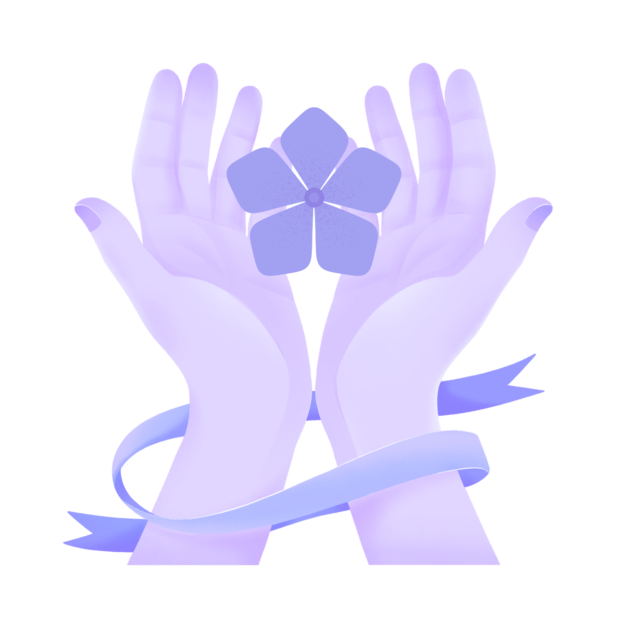 The Project Her Name Matters logo: a stylized illustration of two hands holding a flower with five petals in shades of periwinkle and purple.
