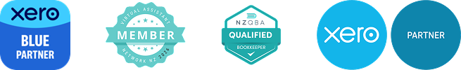 Six circular badges with logos and text, including Xero Blue Partner, Member, Qualified Bookkeeper, Xero, and Partner.