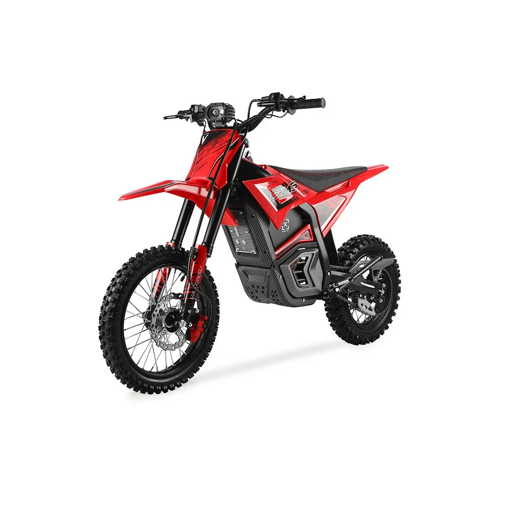 Red electric dirt bike with knobby tires and black accents.