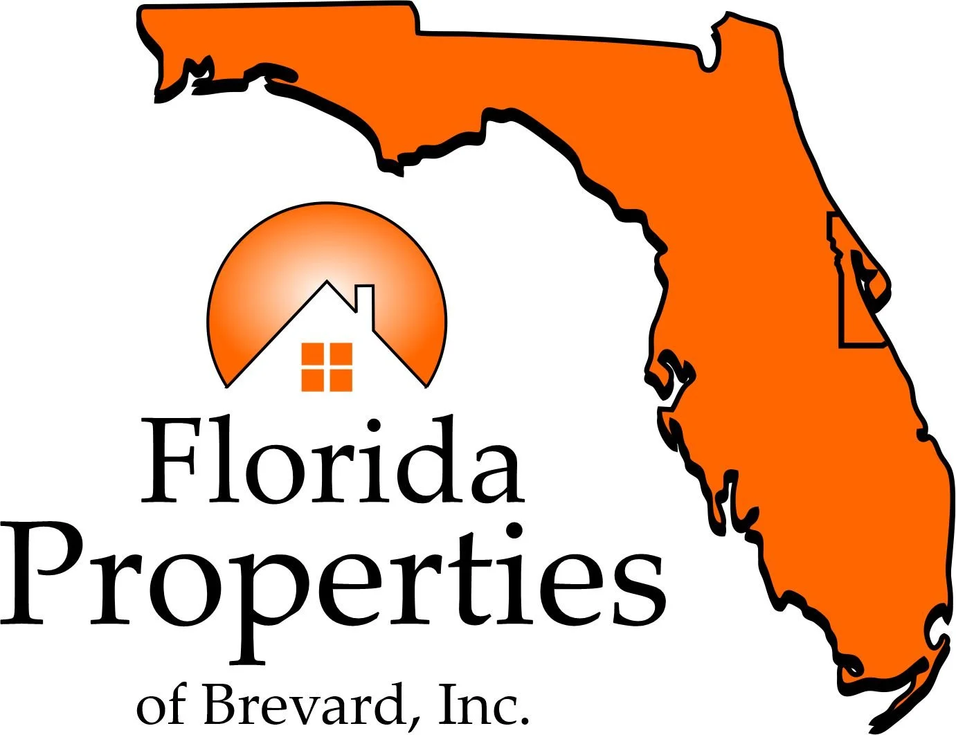 Map of Florida with orange branding for Florida Properties of Brevard, Inc., featuring a house icon and a sunset