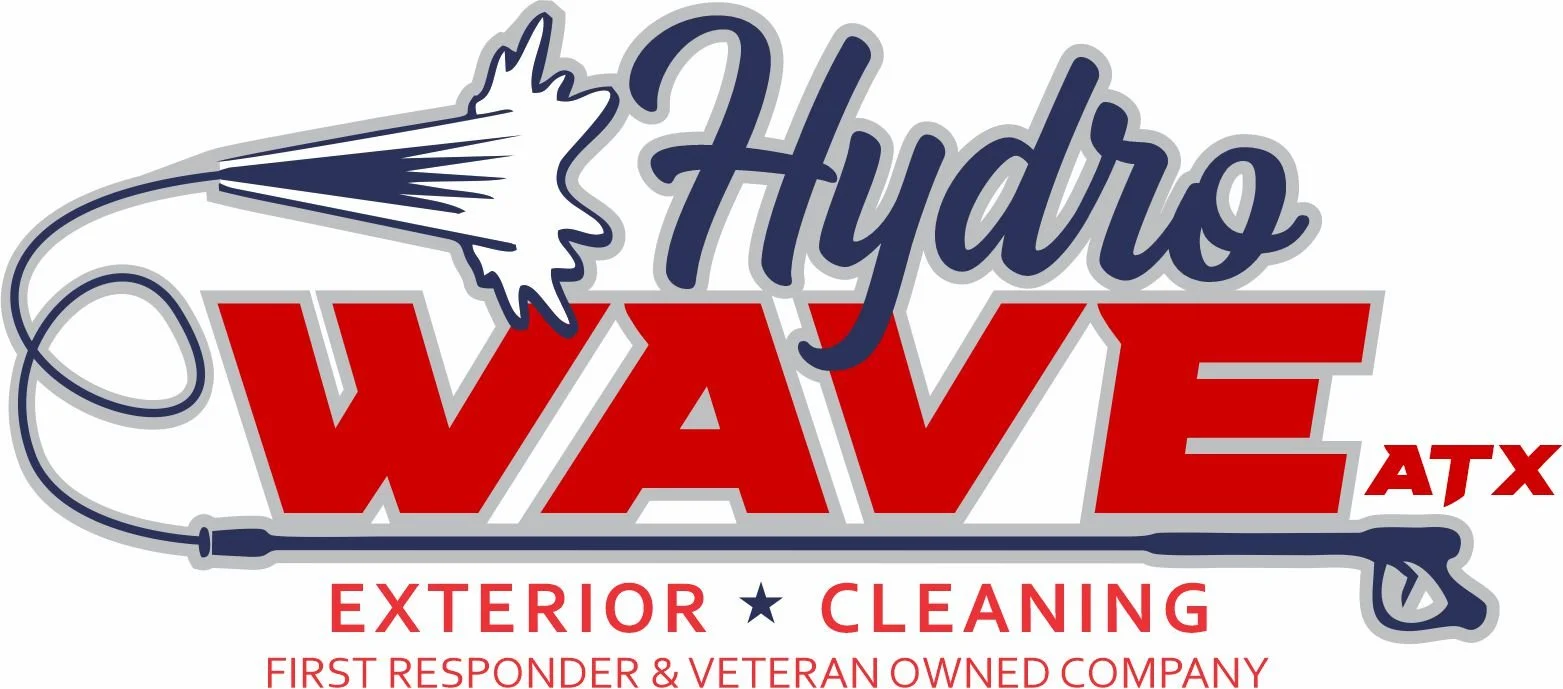 Logo for Hydros Wave ATX exterior cleaning company featuring a jet of water, blue and red colors, with the words 'Hydro Wave ATX Exterior Cleaning First Responder & Veteran Owned Company'.