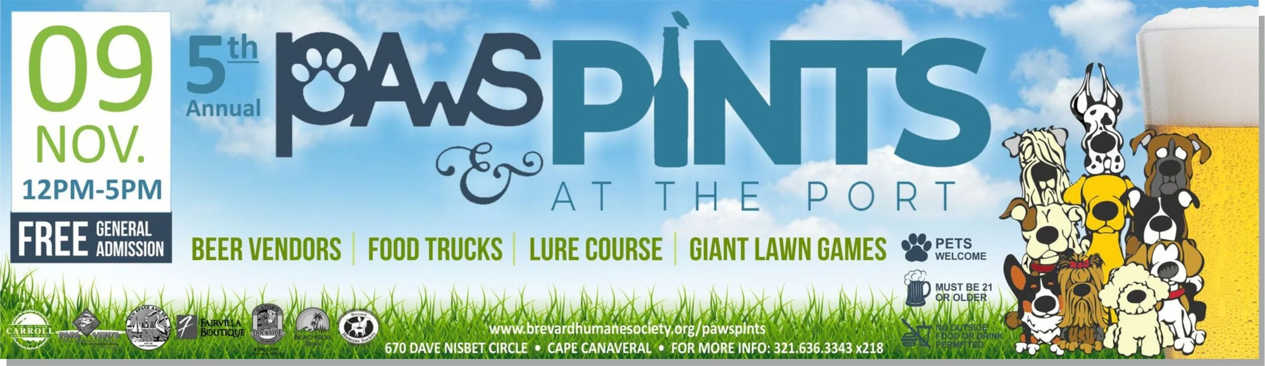 Flyer for the 5th annual Paws & Pints dog event on November 9th, from 12 PM to 5 PM at the port, featuring beer vendors, food trucks, lure course, giant lawn games, and free general admission. The flyer shows cartoon illustrations of multiple dogs an