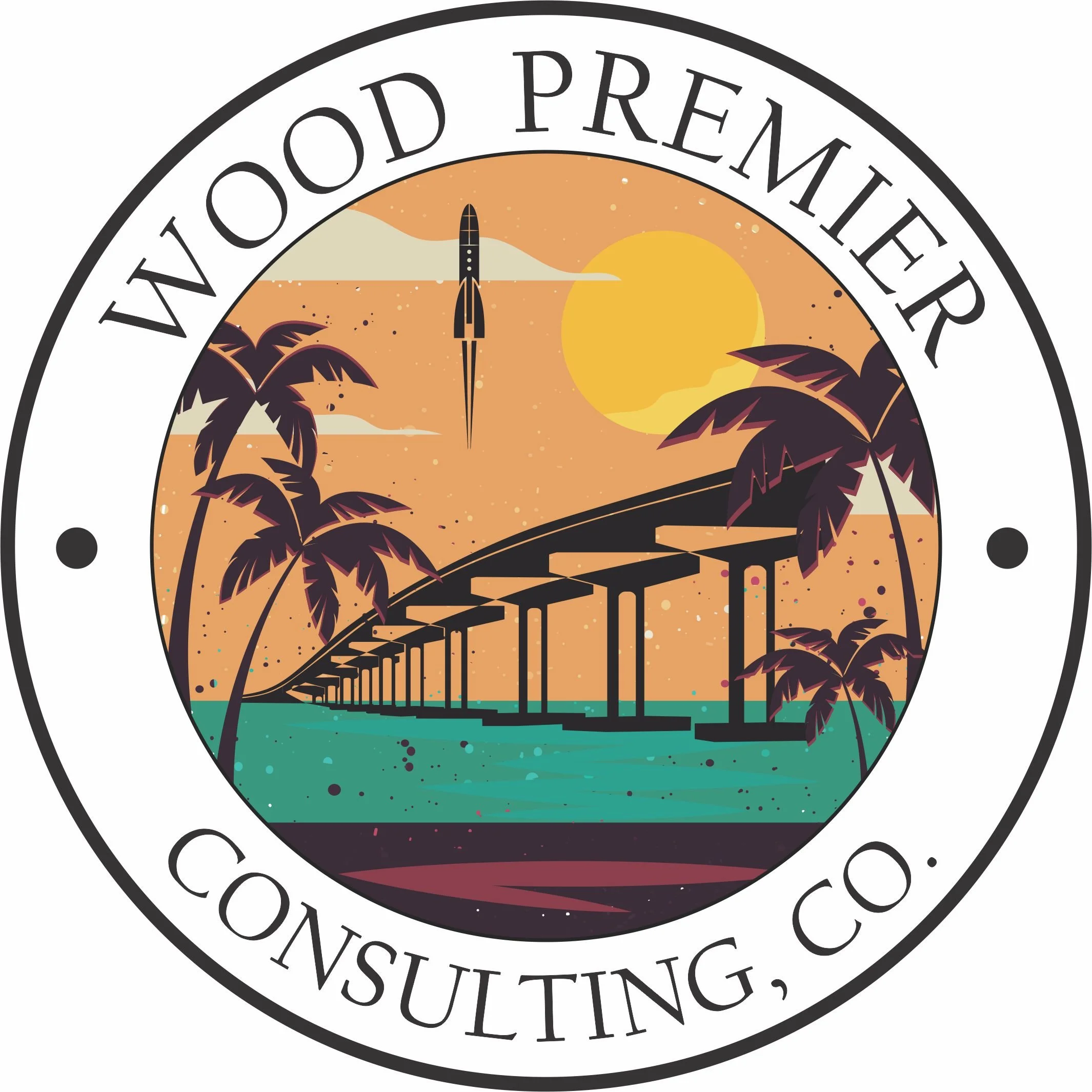 Circular logo with the words "Wood Premiere Collection" around the top and "Construction" around the bottom. The center features a sunset or sunrise scene with a yellow sun, orange sky, silhouettes of palm trees, water, and a rocket or lighthouse poi