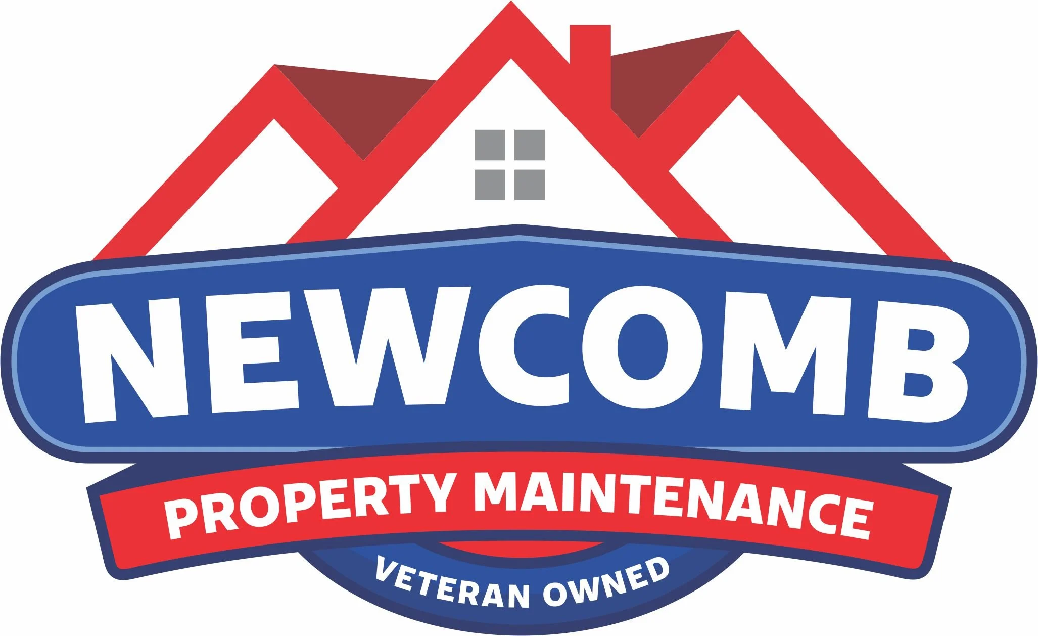 Logo for Newcomb Property Maintenance featuring a stylized house with red roof lines and gray windows, and the name in bold letters.