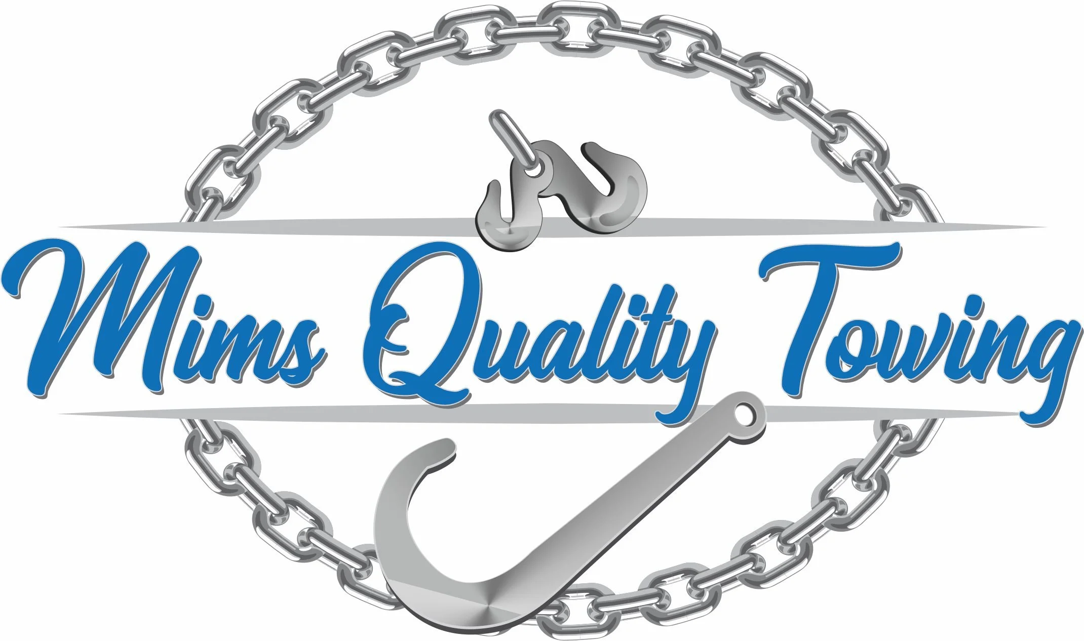A logo with a chained circle, a handcuff, and a banner that reads "Mims & Quality Towing" in blue script font.
