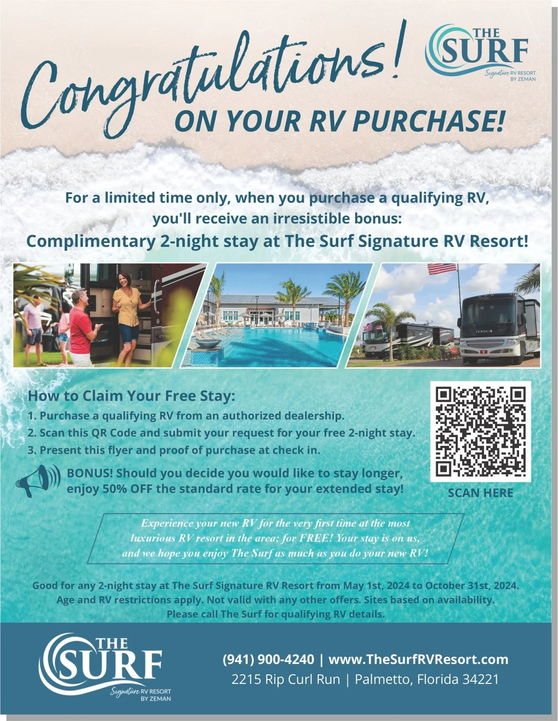 Flyer for The Surf RV Resort in Palmetto, Florida, announcing a special offer for a free 2-night stay with RV purchase, featuring images of people, a pool, and RVs.