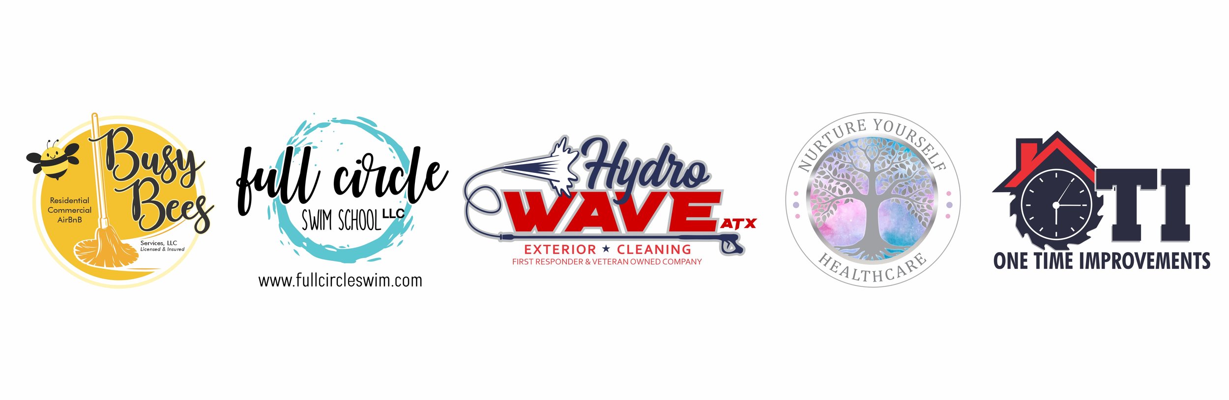 A horizontal banner featuring logos for seven different companies or organizations, including a bee with a broom for Busy Bees, a full circle for swim school, a hydro wave cleaning service, a healthcare organization with a tree symbol, and a one-time