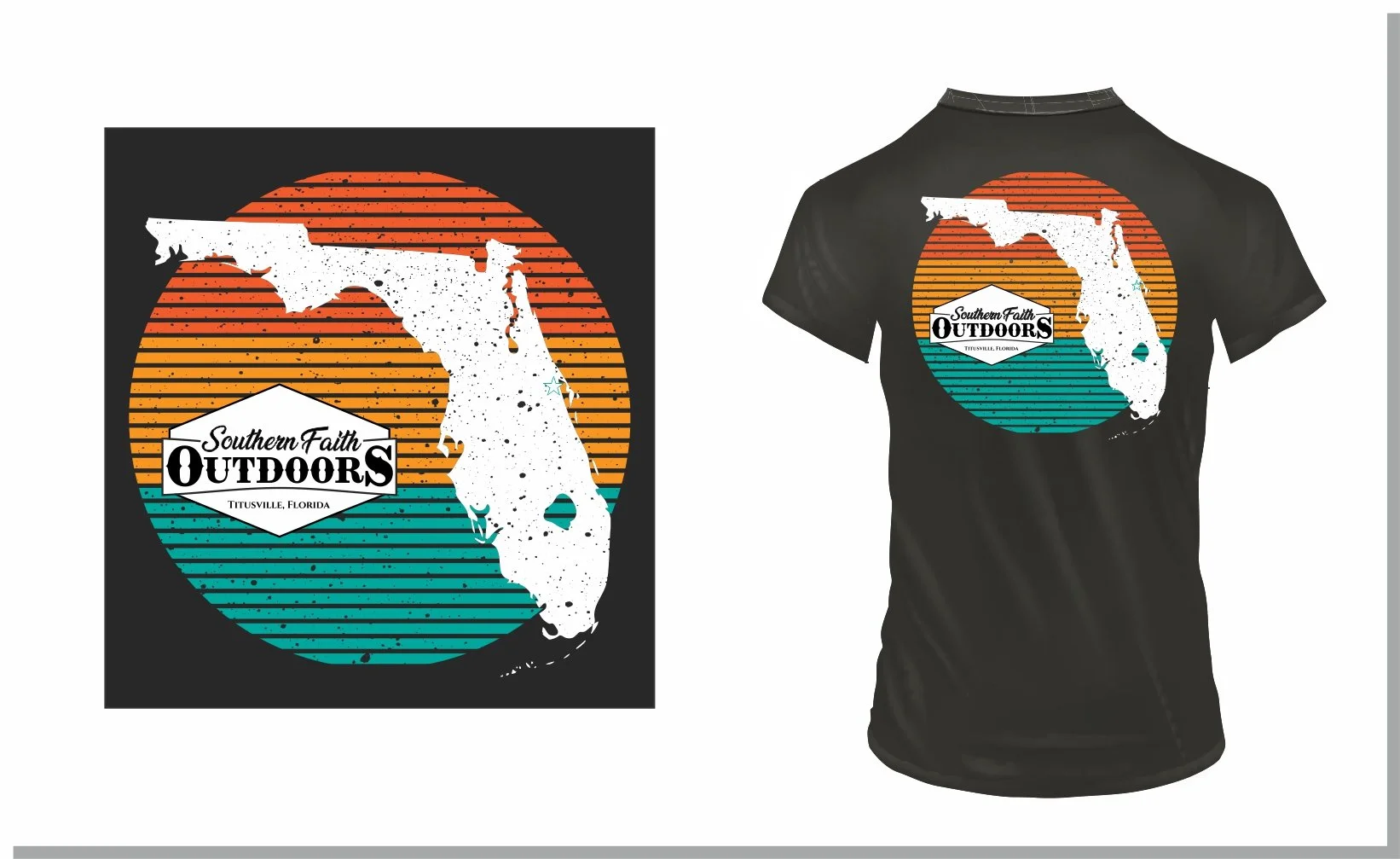 Graphic design on a black T-shirt featuring a stylized map of Florida over a circular background with orange, yellow, and teal horizontal stripes. The design includes a label reading "Southern Faith Outdoors, Titusville, Florida."