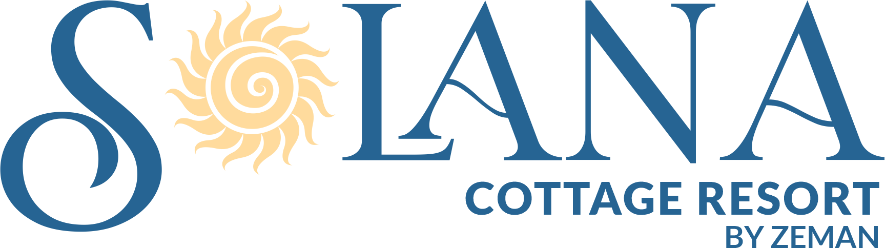 Logo for Solana Cottage Resort by Zeman, featuring the resort name in blue text and a stylized beige sun with swirling rays