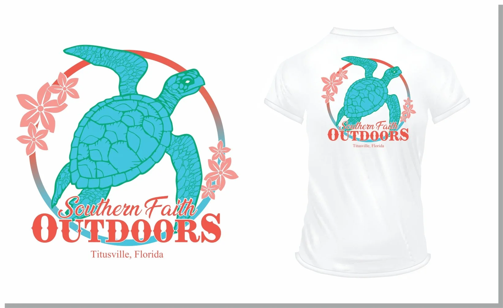 A graphic design featuring a turtle surrounded by pink flowers, with the text 'Southern Faith OUTDOORS Titusville, Florida' in red and teal colors, printed on a white T-shirt.